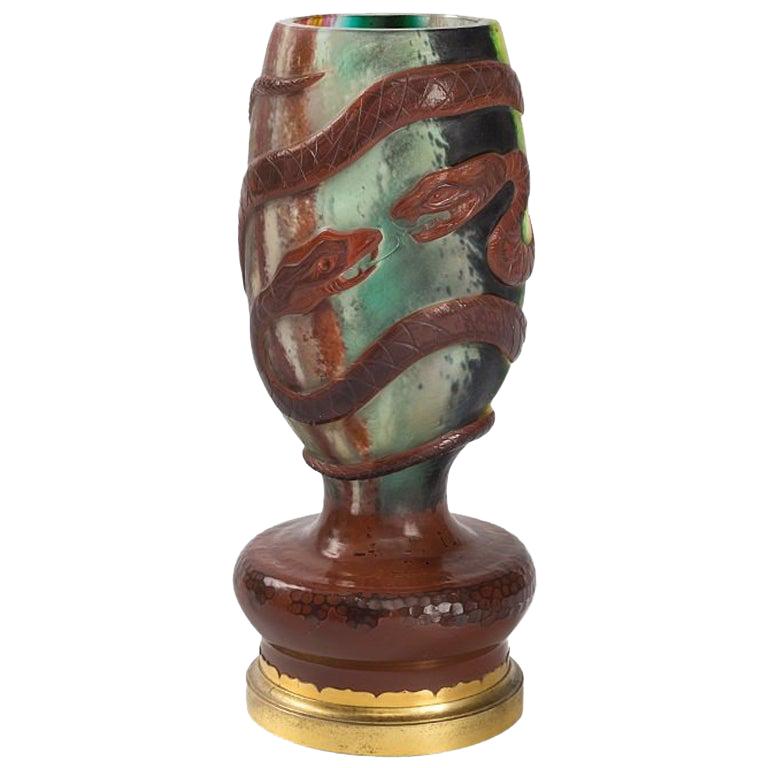 Ernest Leveillé Wheel-Carved Serpents Cameo Glass Vase