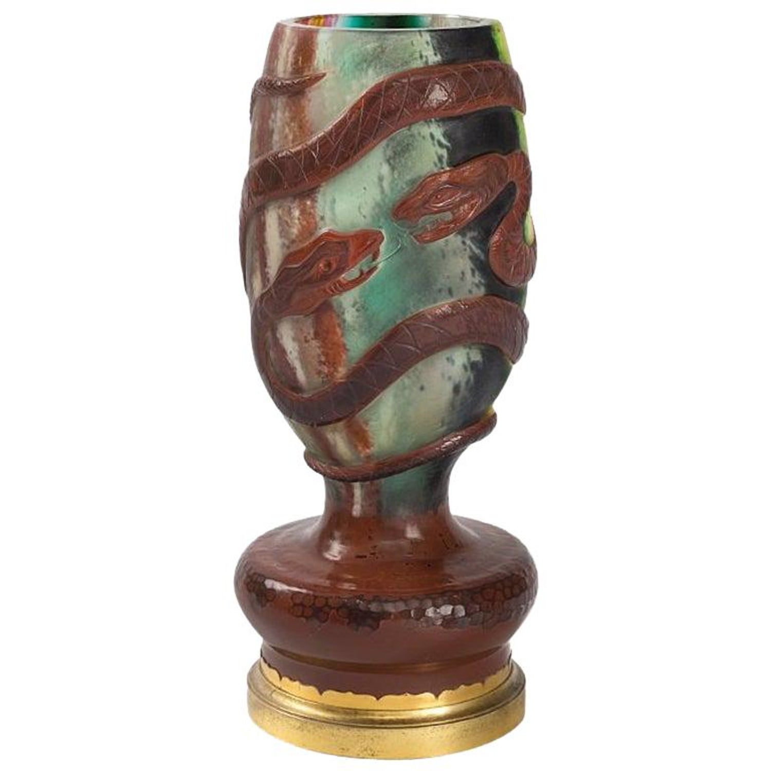 Ernest Leveillé Wheel-Carved Serpents Cameo Glass Vase For Sale at 1stDibs