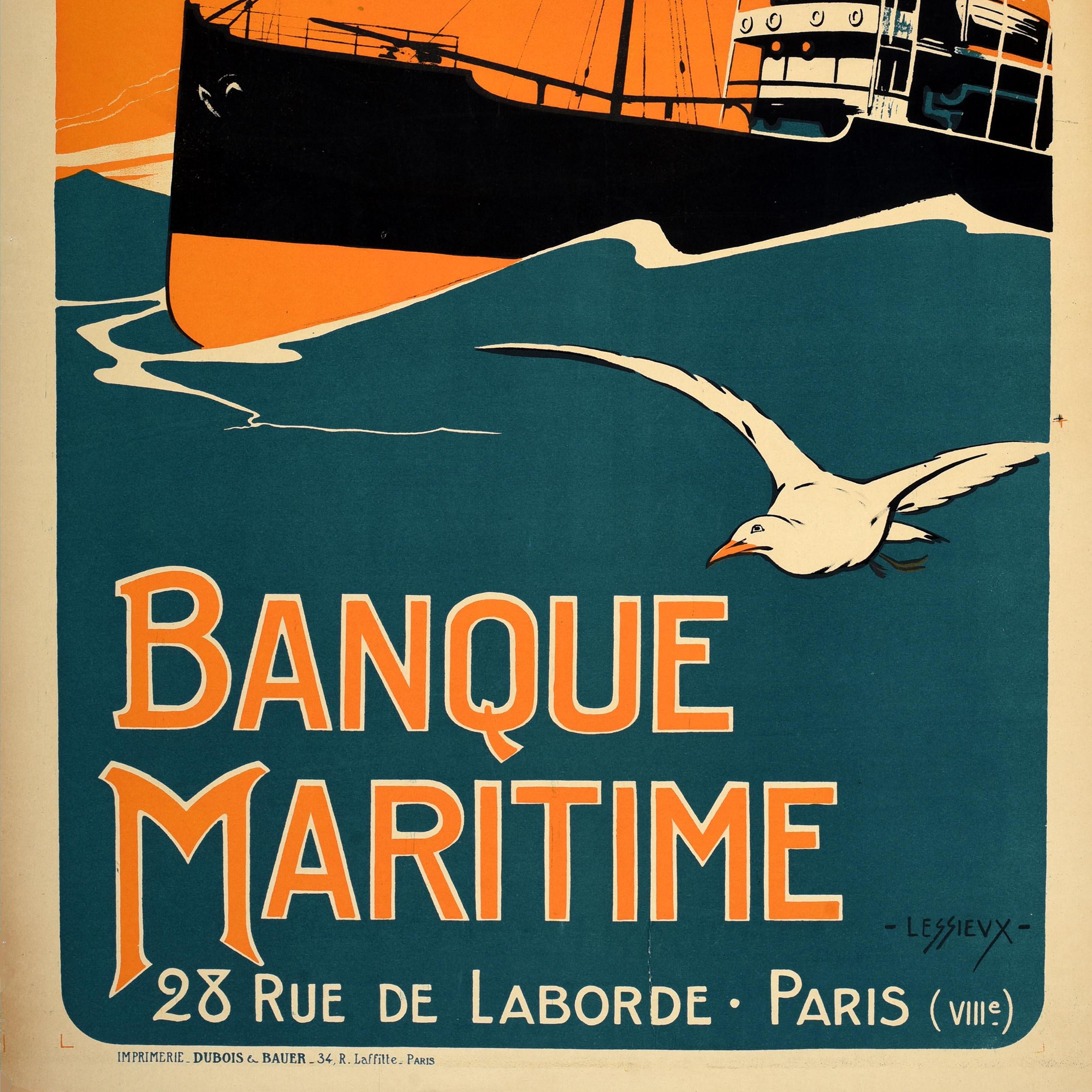 Originales antikes französisches Plakat - Emprunt National 1920 Banque Maritime 28 Rue de Laborde Paris / National Loan 1920 Maritime Bank - mit einem Entwurf von Ernest Louis Lessieux (1848-1925), der ein Dampfschiff zeigt, das durch blaue Wellen