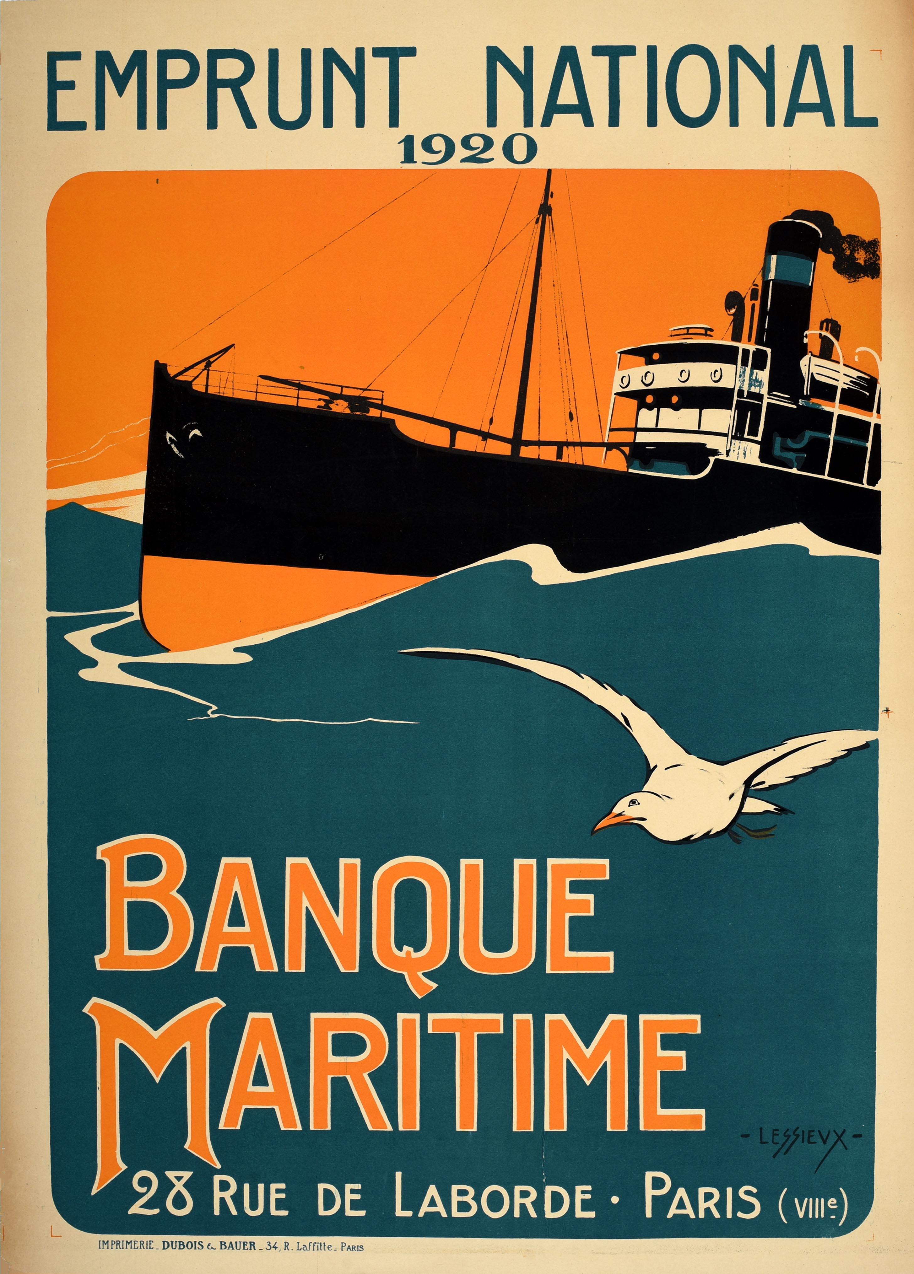 Ernest-Louis Lessieux Print – Original Antikes französisches Poster, Bank Maritime Bank, Frankreich, Marine, Emprunt National, Emprunt