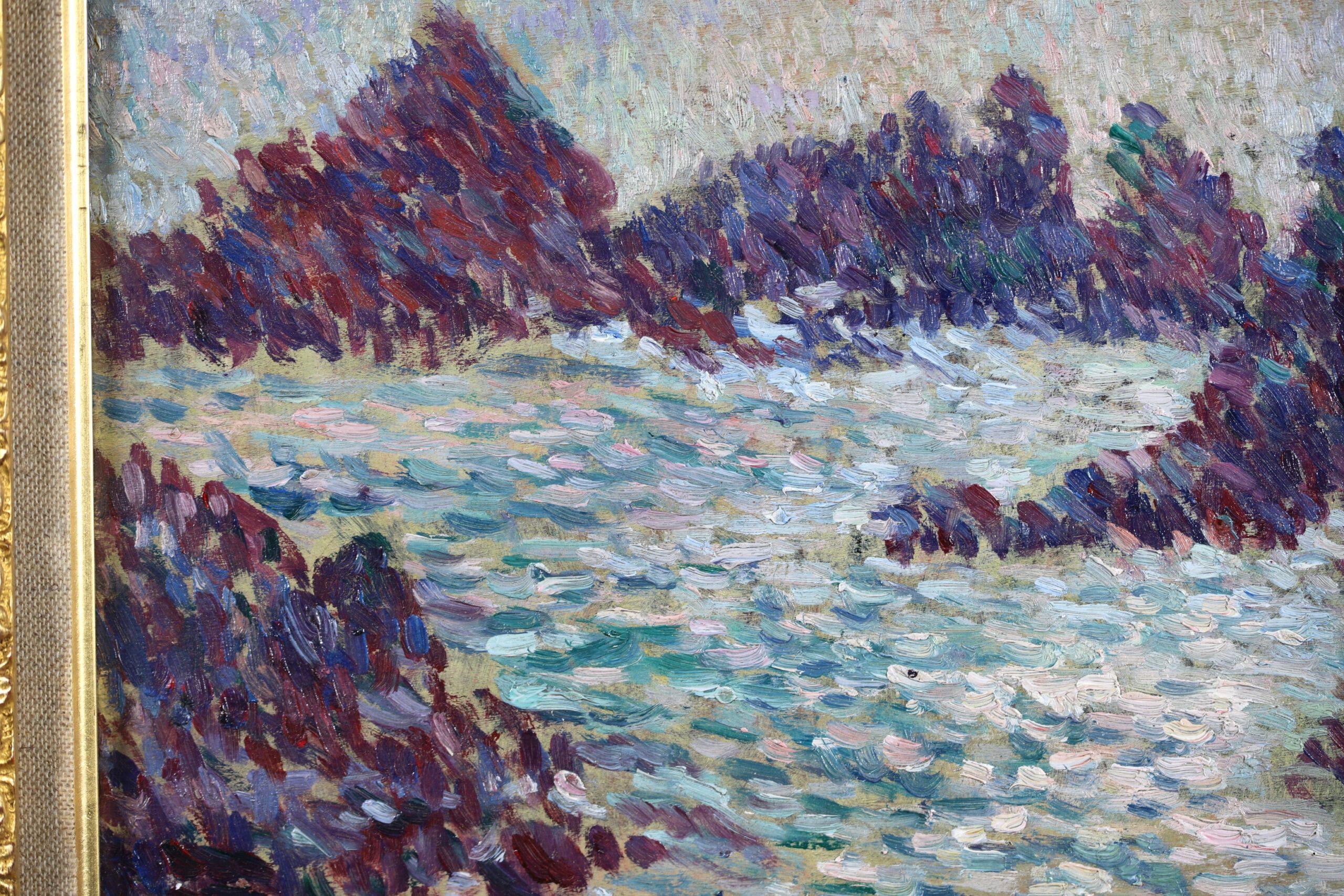Costa Rocheuse - Paisaje marino divisionista Pintura al óleo de Ernest Lucien Bonnotte 6