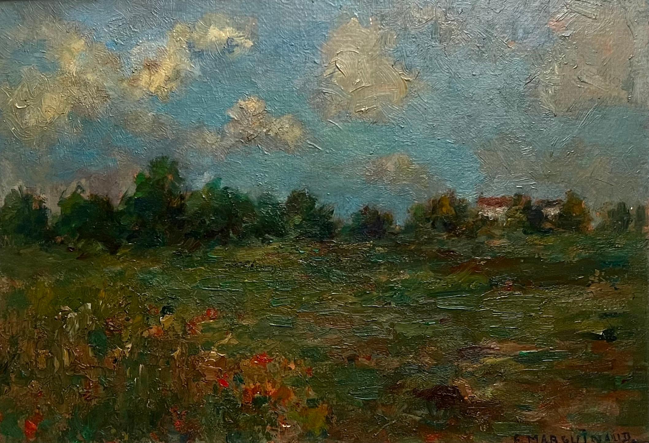 Impressionista francese dell'inizio del XX secolo firmato Paesaggio ad olio con campo di papaveri - Painting di Ernest Marguinaud
