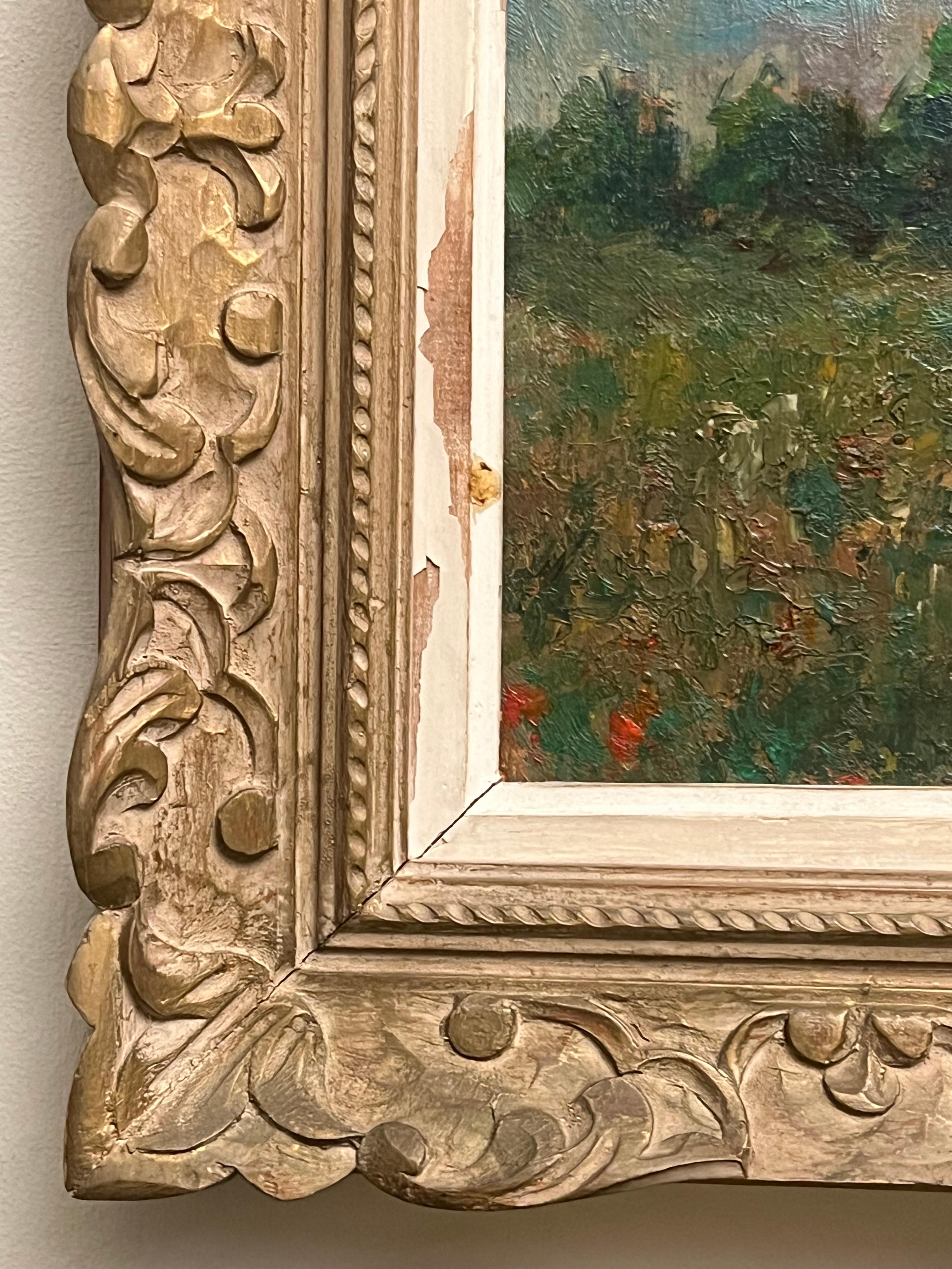 Impressionista francese dell'inizio del XX secolo firmato Paesaggio ad olio con campo di papaveri 1
