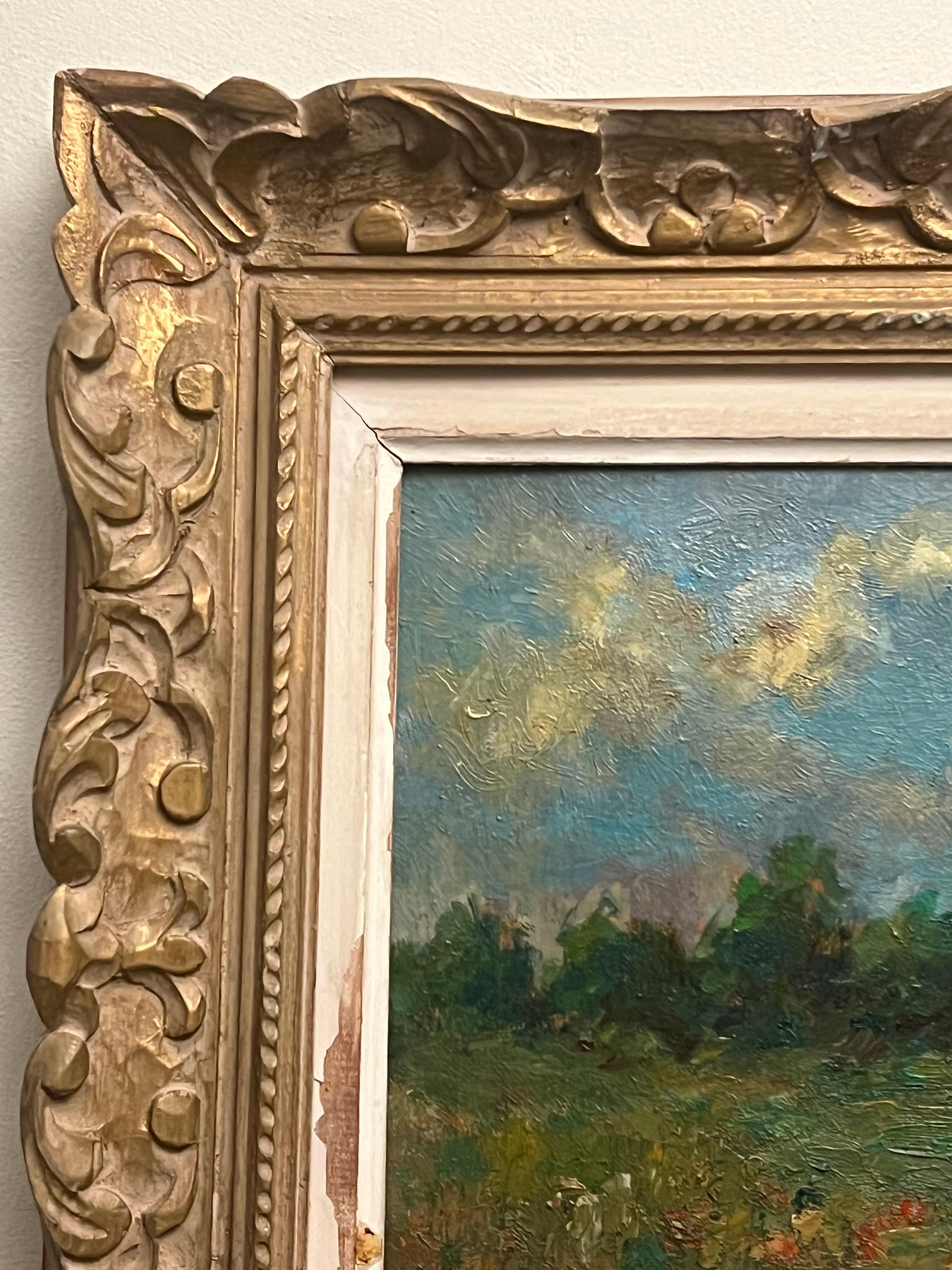 Impressionista francese dell'inizio del XX secolo firmato Paesaggio ad olio con campo di papaveri 2