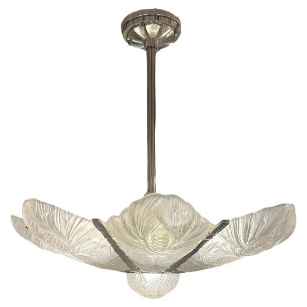 Ernest Marius Sabino Pine Cone Frosted Glass Art Deco Chandelier For Sale