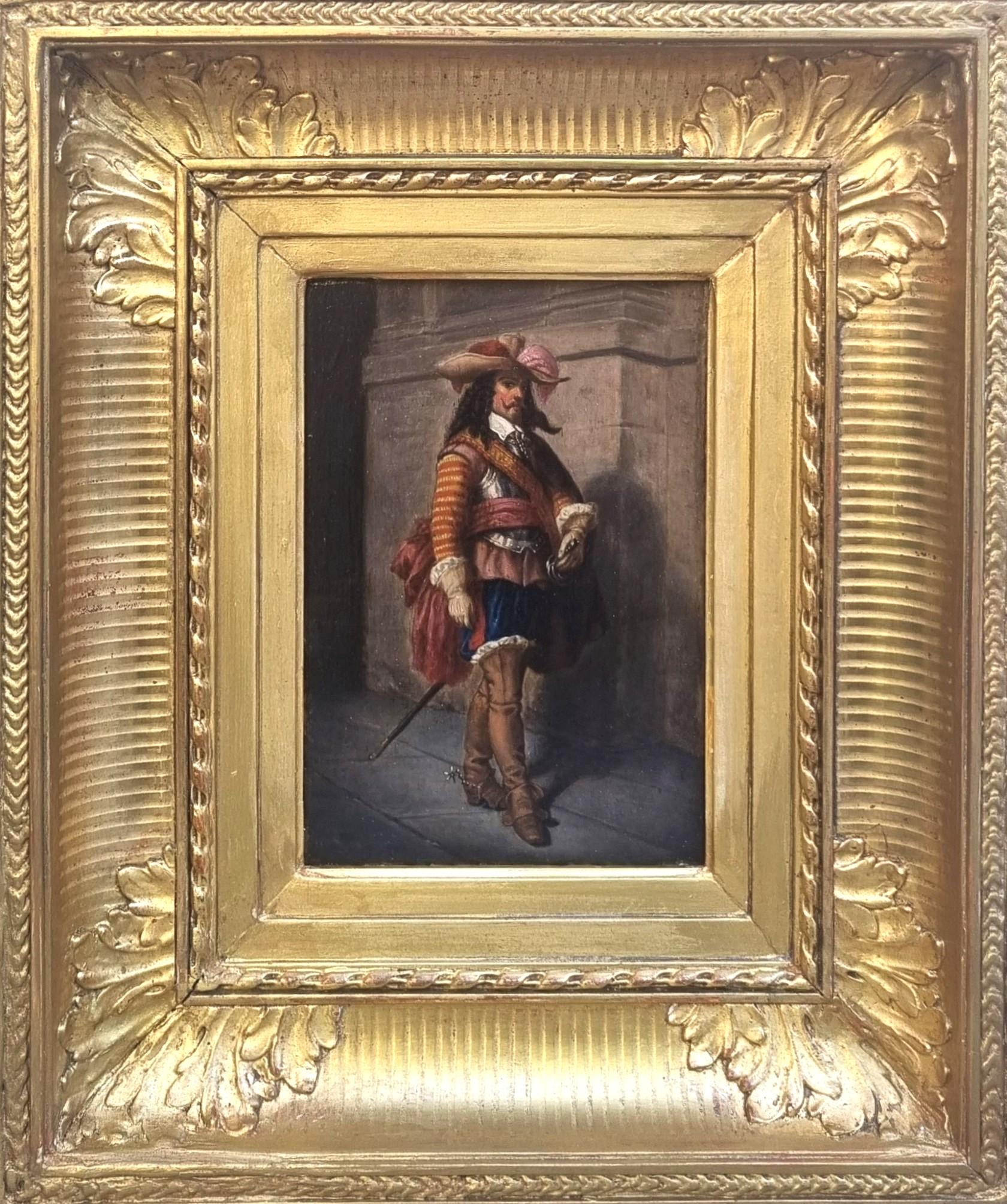Gemälde Porträt Musketier im Kostüm Realist Holztafel 19. – Painting von Ernest MESSONIER