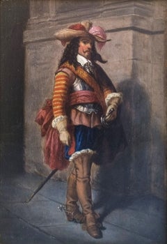 Painting Portrait Musketeer in costume Realist Wood panel 19th