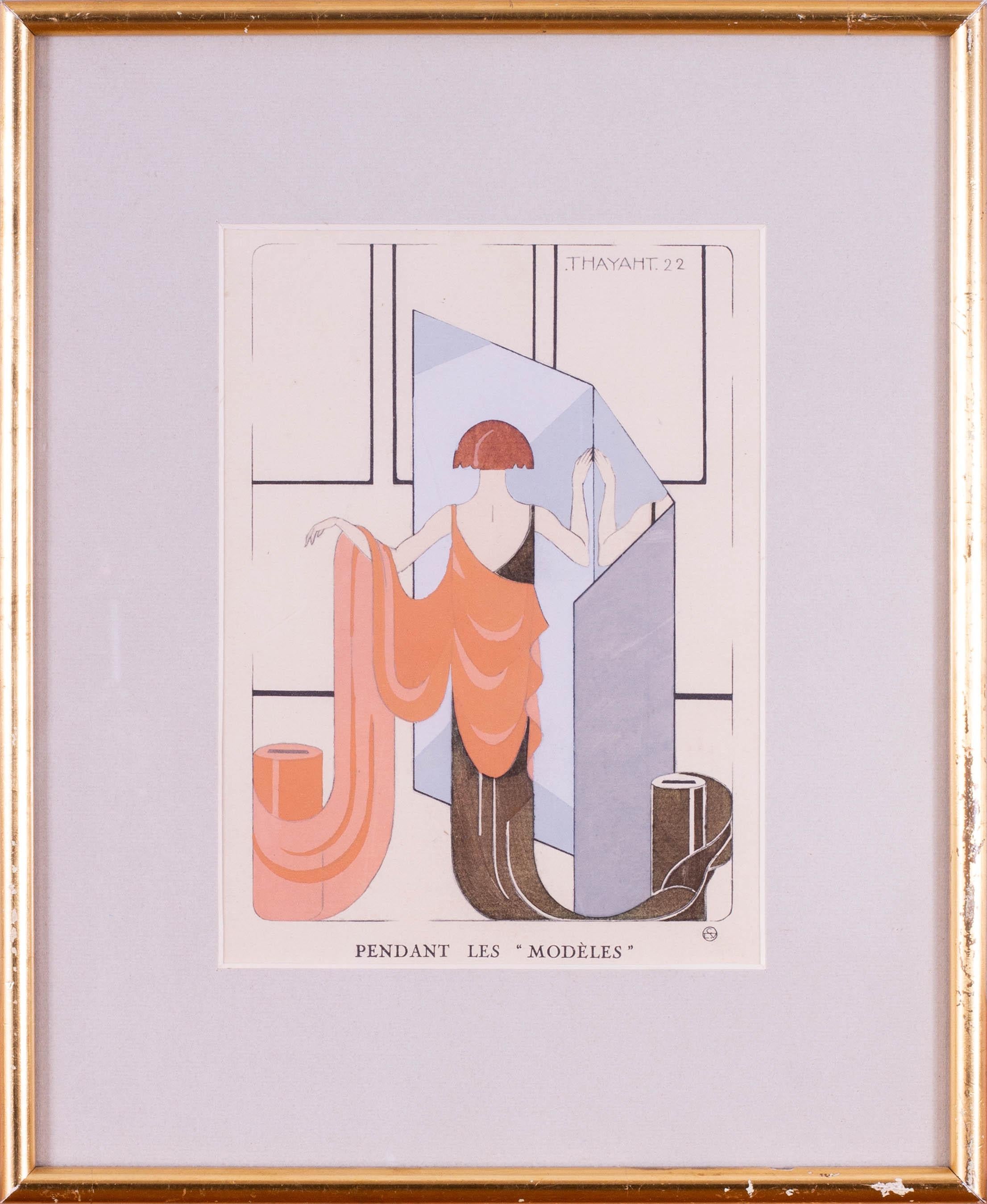 Lithographie Art déco de 1922 colorée à la main avec gouache d'une élégante dame