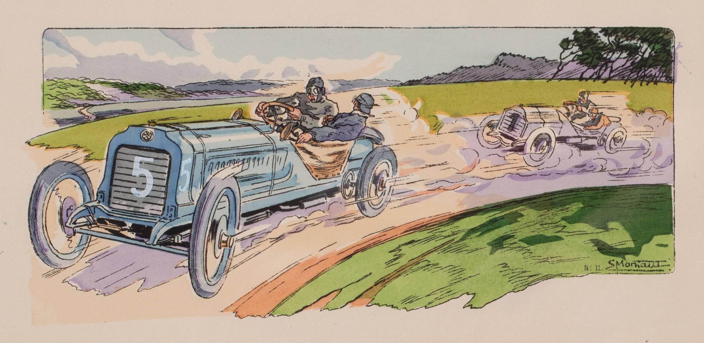A rare and original turn of the 20th C lithograph of classic racing cars - Art Nouveau Print by Ernest Montaut