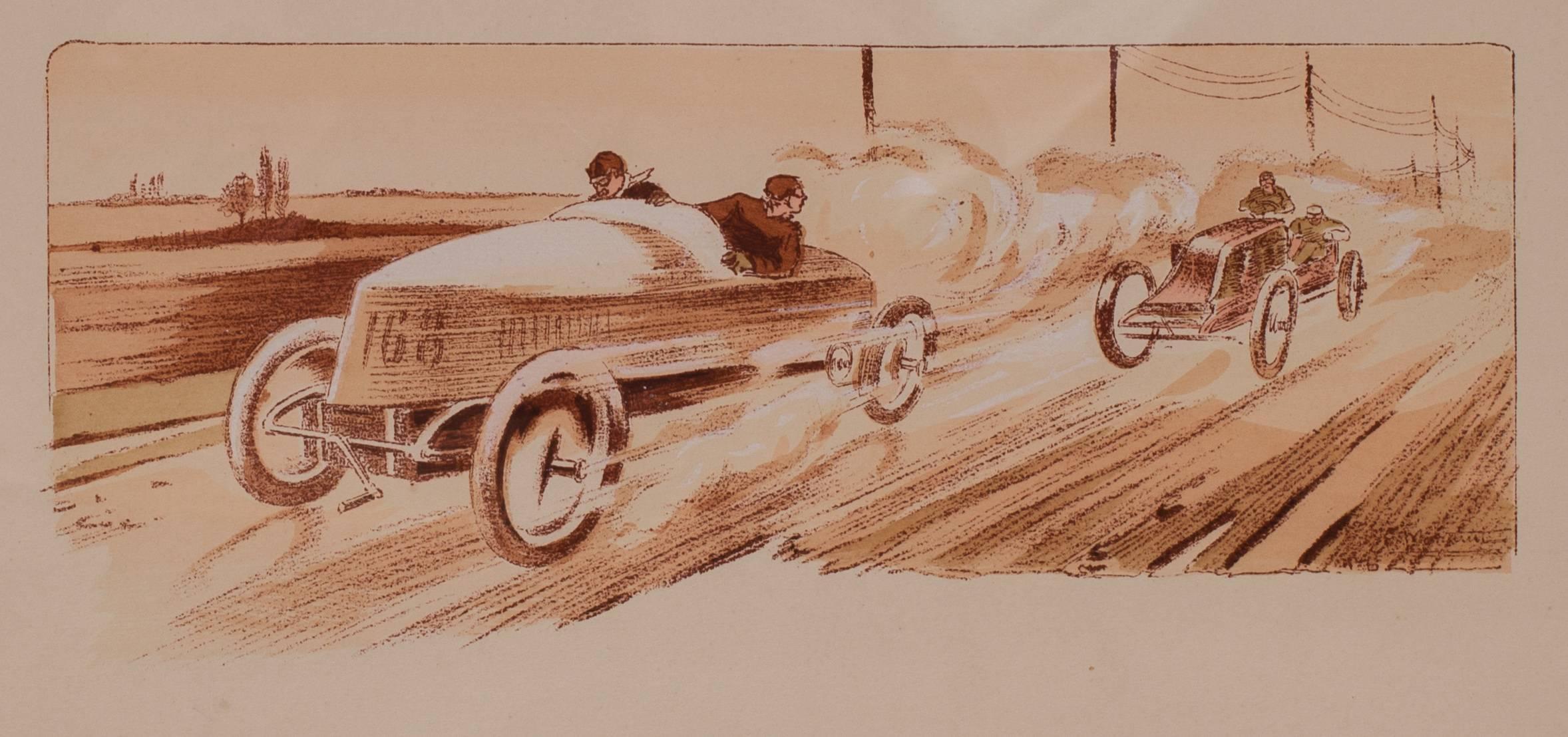 A rare and original turn of the 20th C lithograph of classic racing cars - Art Nouveau Print by Ernest Montaut
