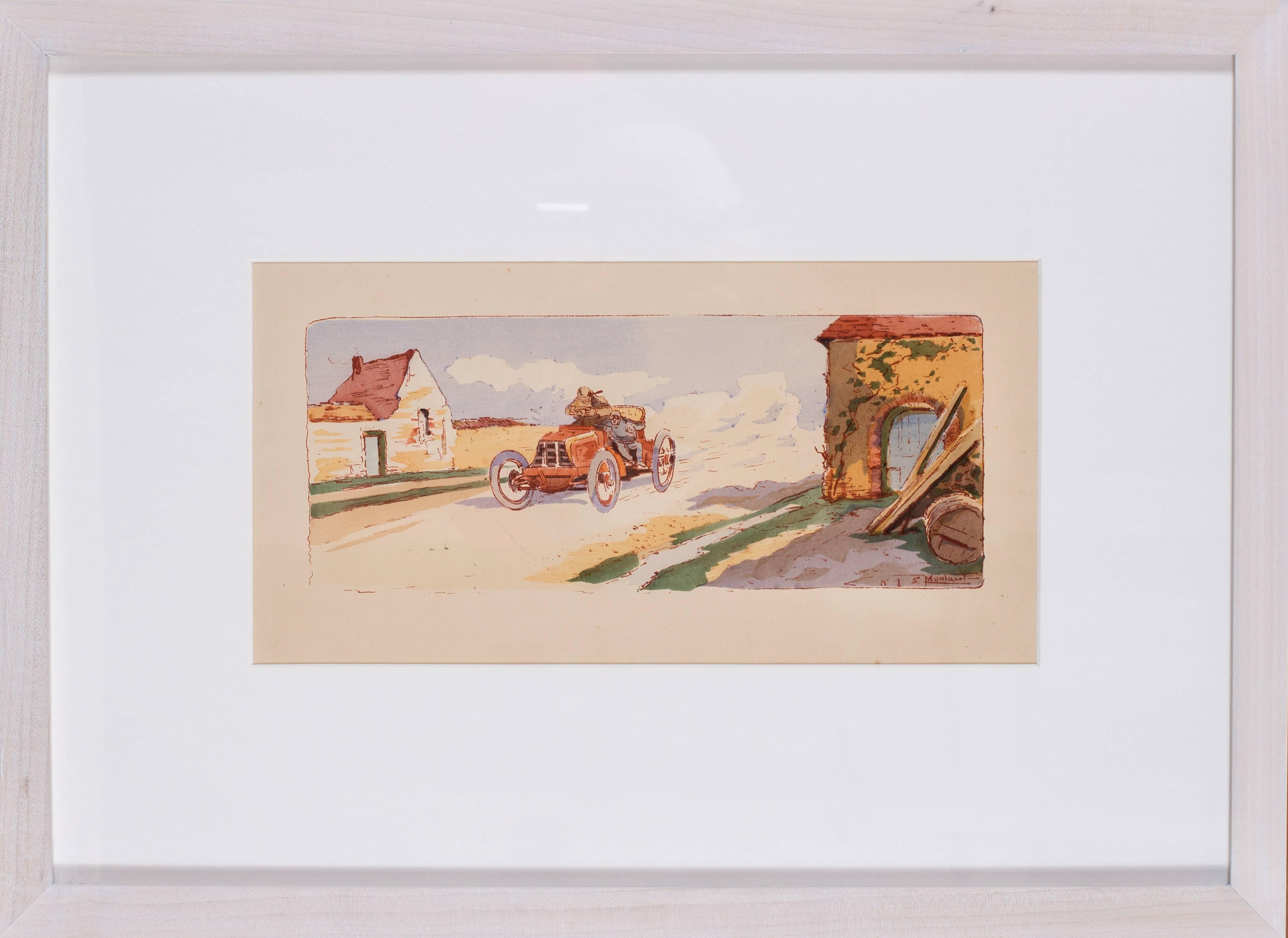 Ernest Montaut Figurative Print - A rare and original turn of the 20th C lithograph of classic racing cars