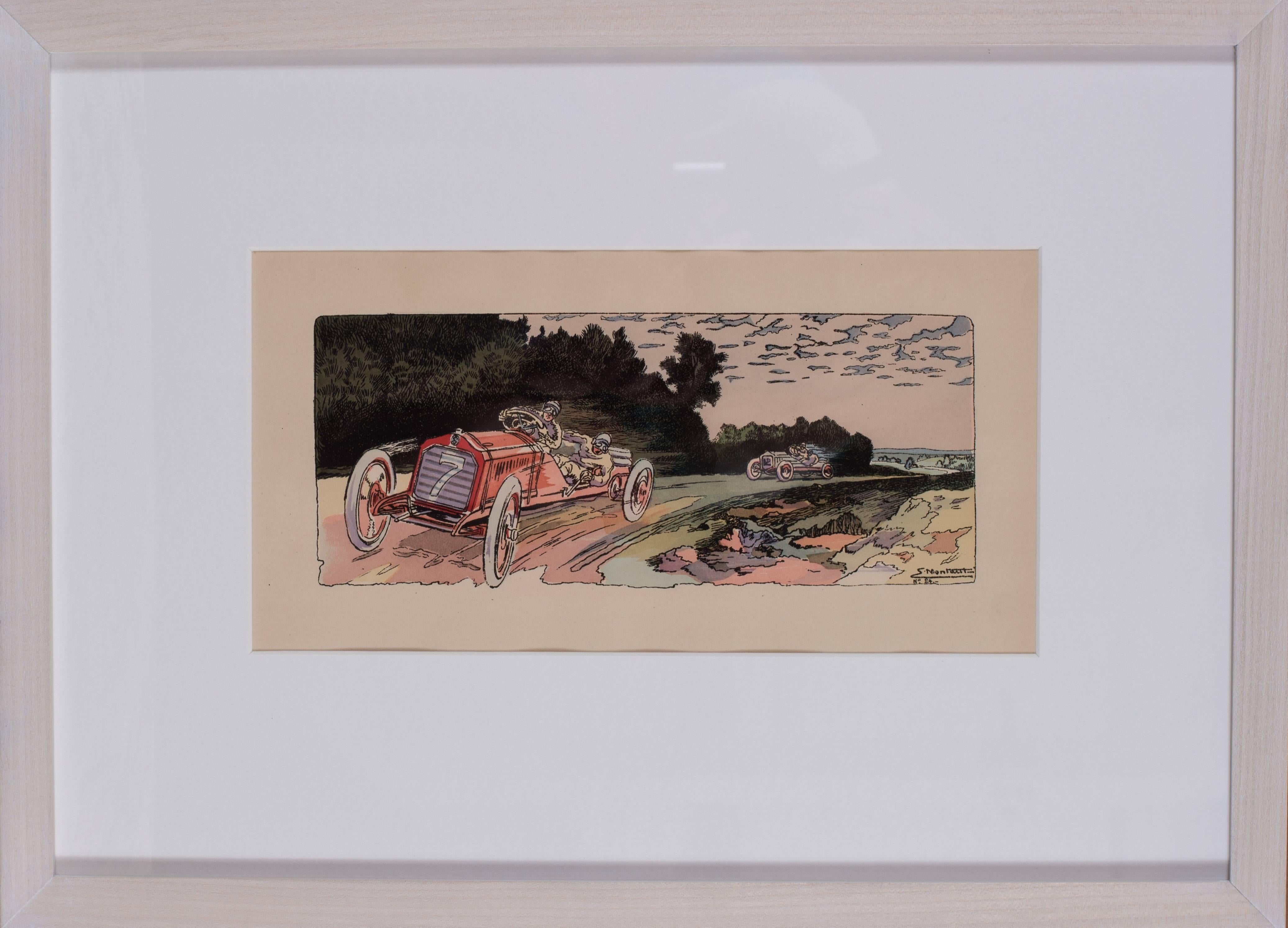 Ernest Montaut Figurative Print - A rare and original turn of the 20th C lithograph of classic racing cars