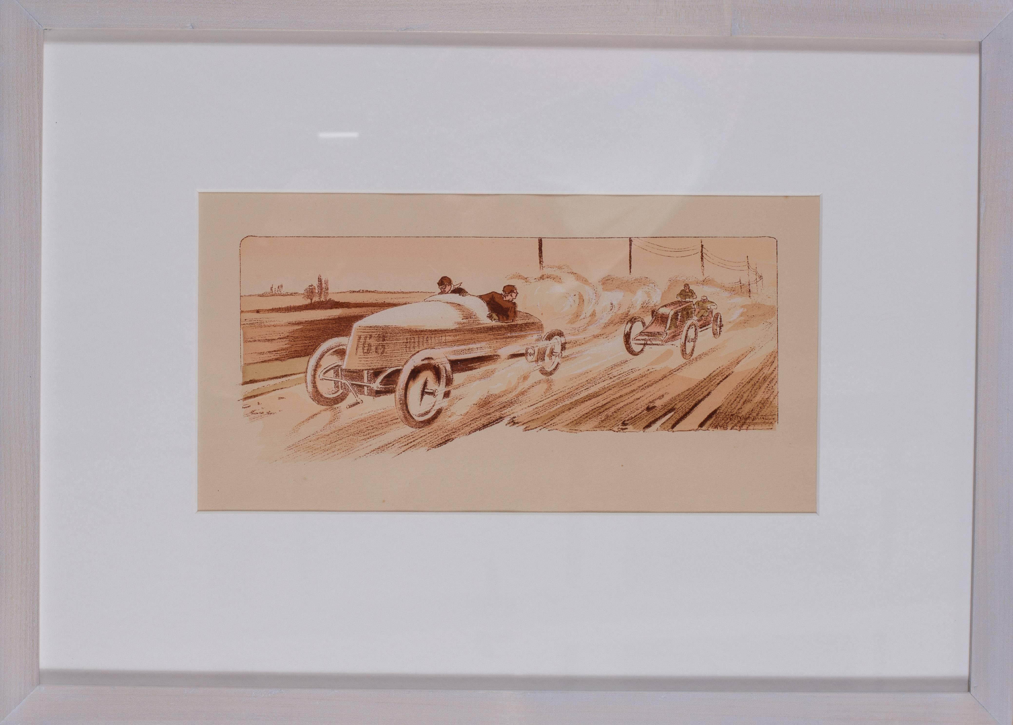 Ernest Montaut Figurative Print - A rare and original turn of the 20th C lithograph of classic racing cars