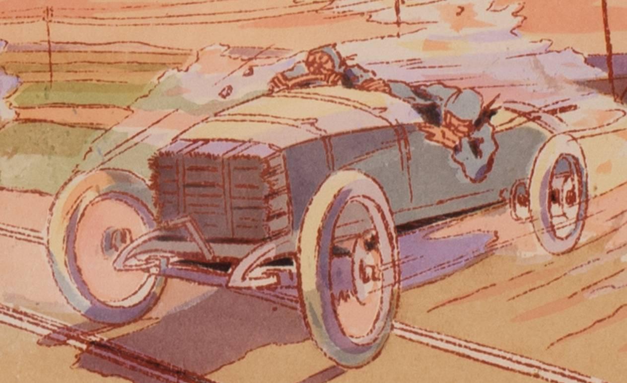 A rare and original turn of the 20th century lithograph of classic racing cars - Gray Figurative Print by Ernest Montaut