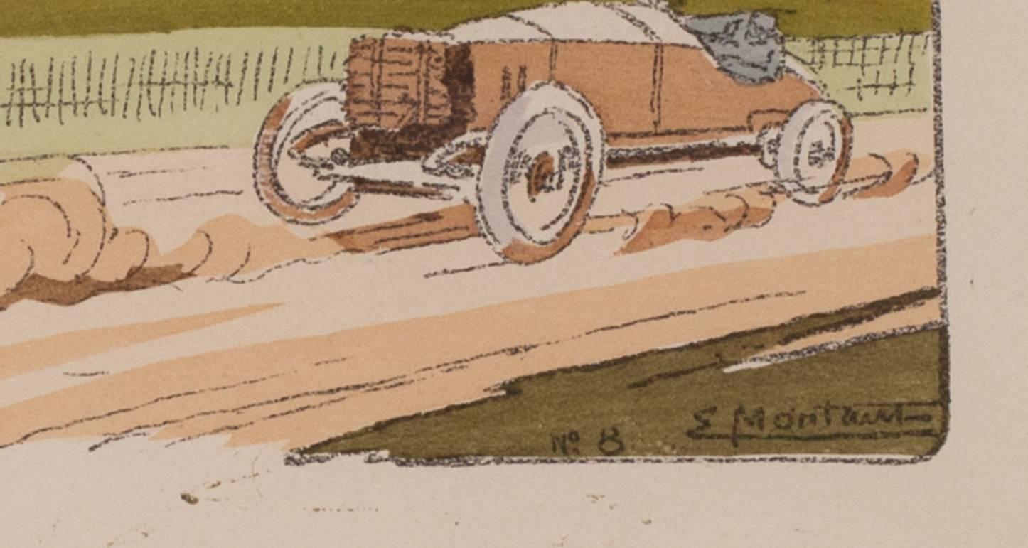 A rare and original turn of the 20th Century lithograph of classic racing cars - Gray Figurative Print by Ernest Montaut