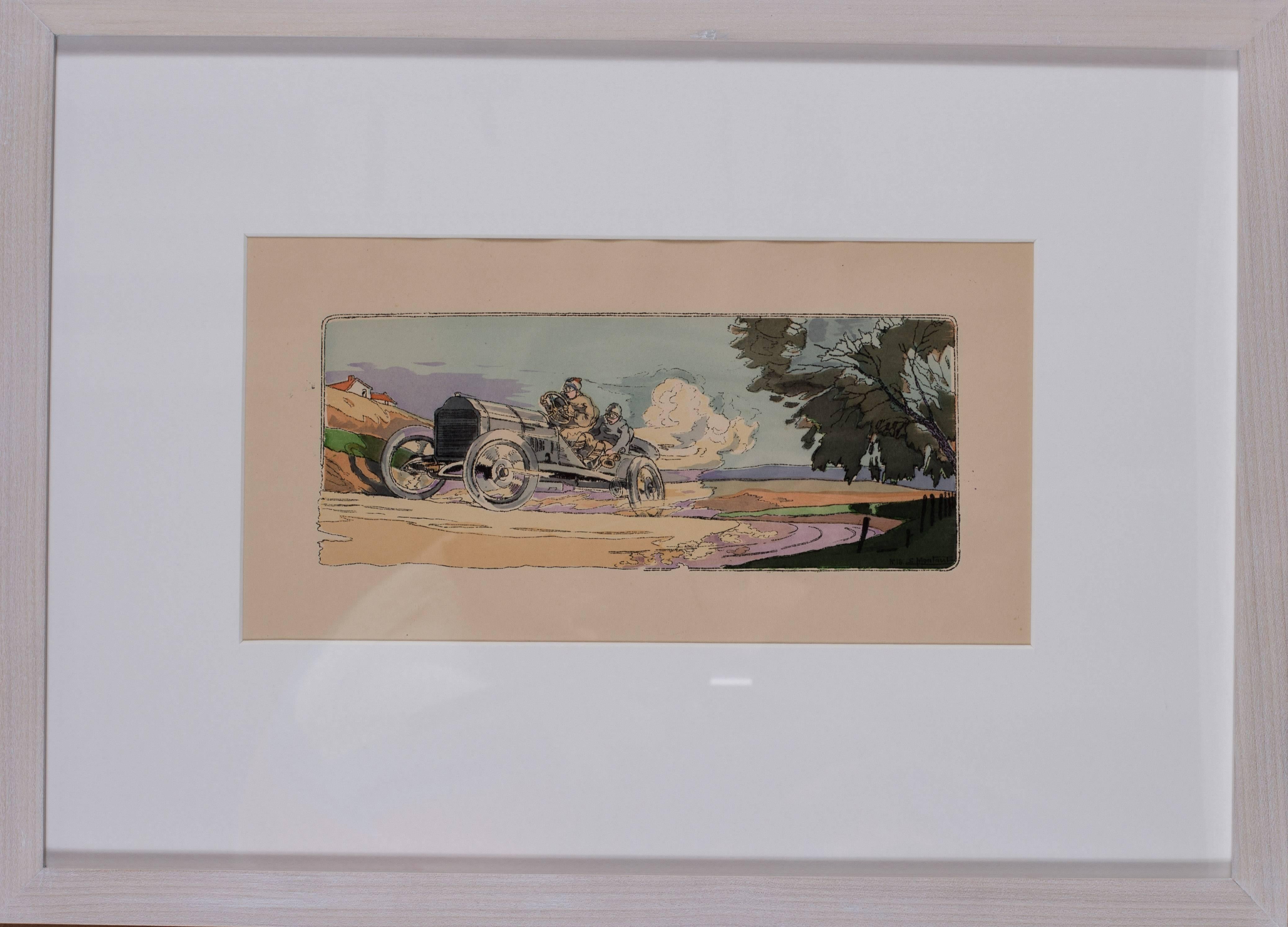 Ernest Montaut Figurative Print - A rare and original turn of the 20th Century lithograph of classic racing cars