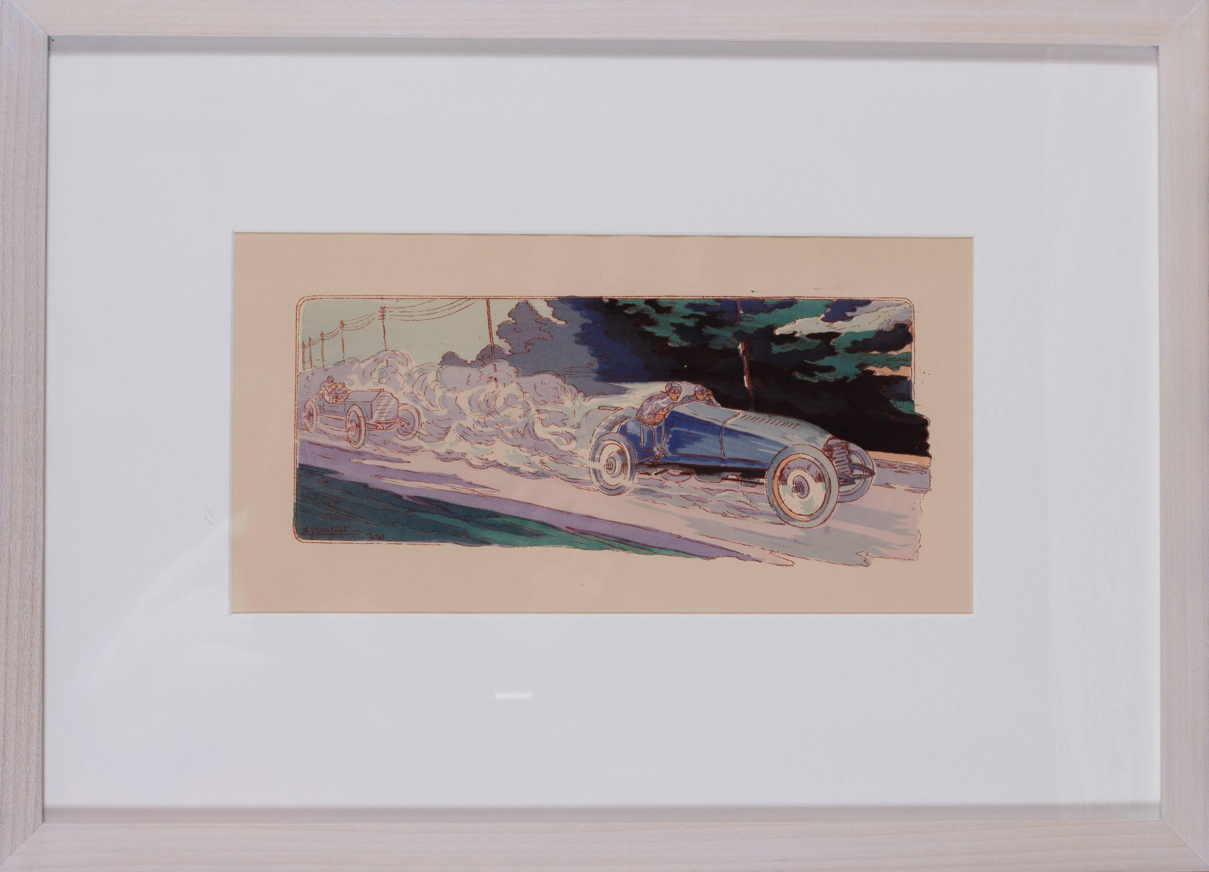 Ernest Montaut Figurative Print - A rare and original turn of the 20th Century lithograph of classic racing cars
