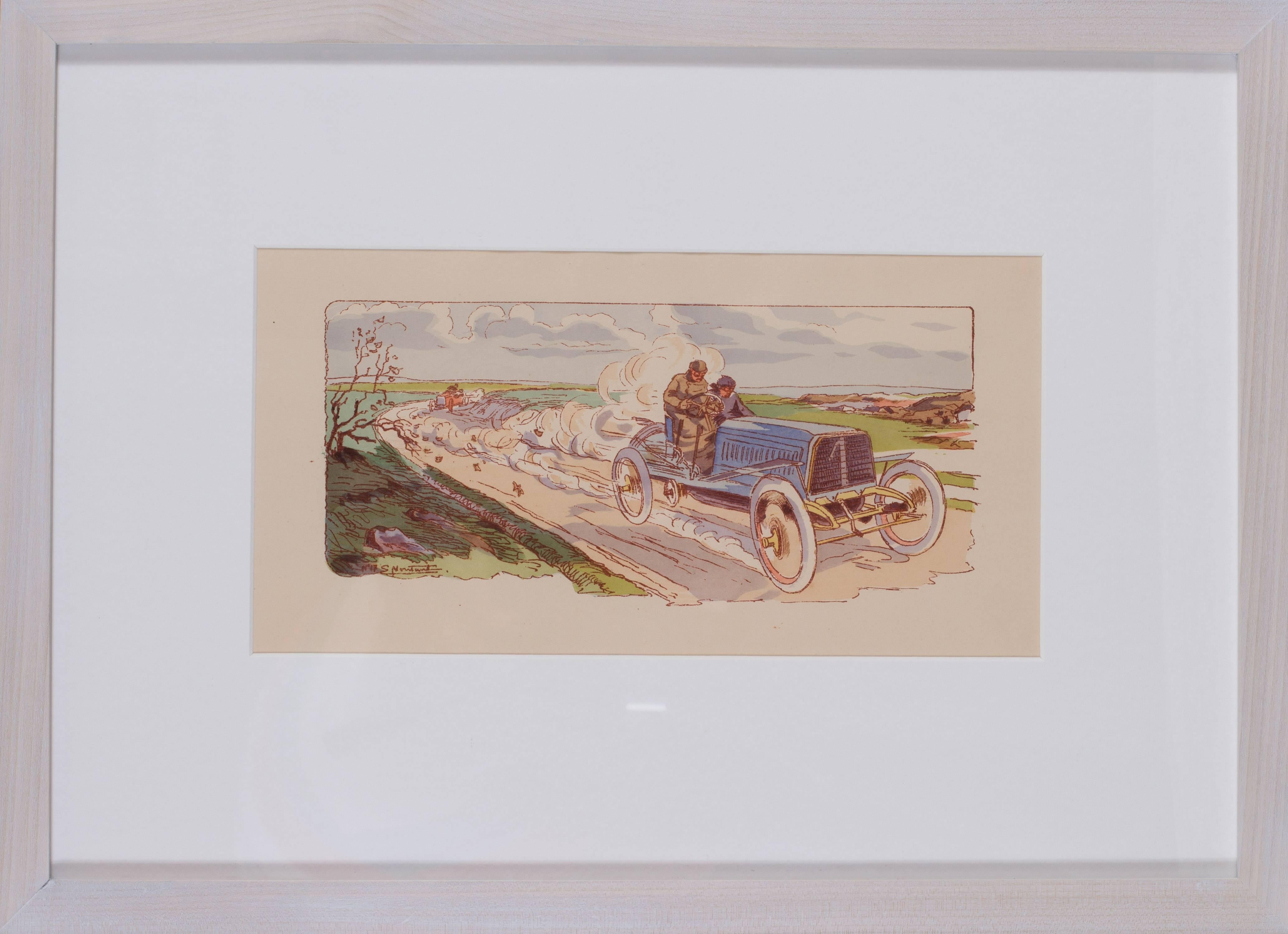 Ernest Montaut Figurative Print - A rare and original turn of the 20th Century lithograph of classic racing cars