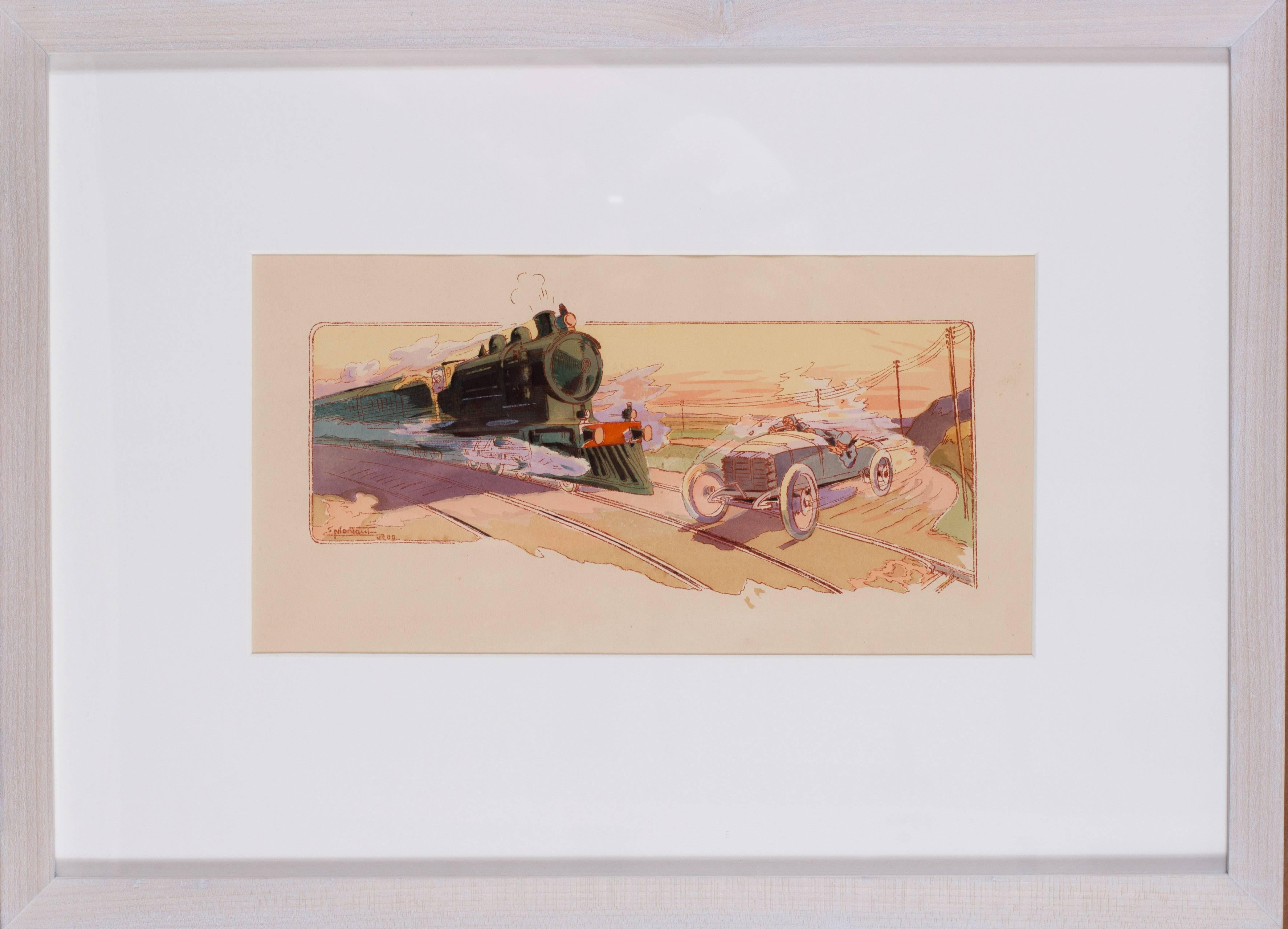 Ernest Montaut Figurative Print - A rare and original turn of the 20th century lithograph of classic racing cars