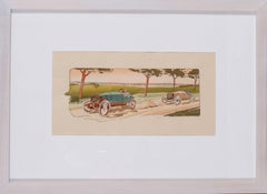A rare and original turn of the 20th Century lithograph of classic racing cars