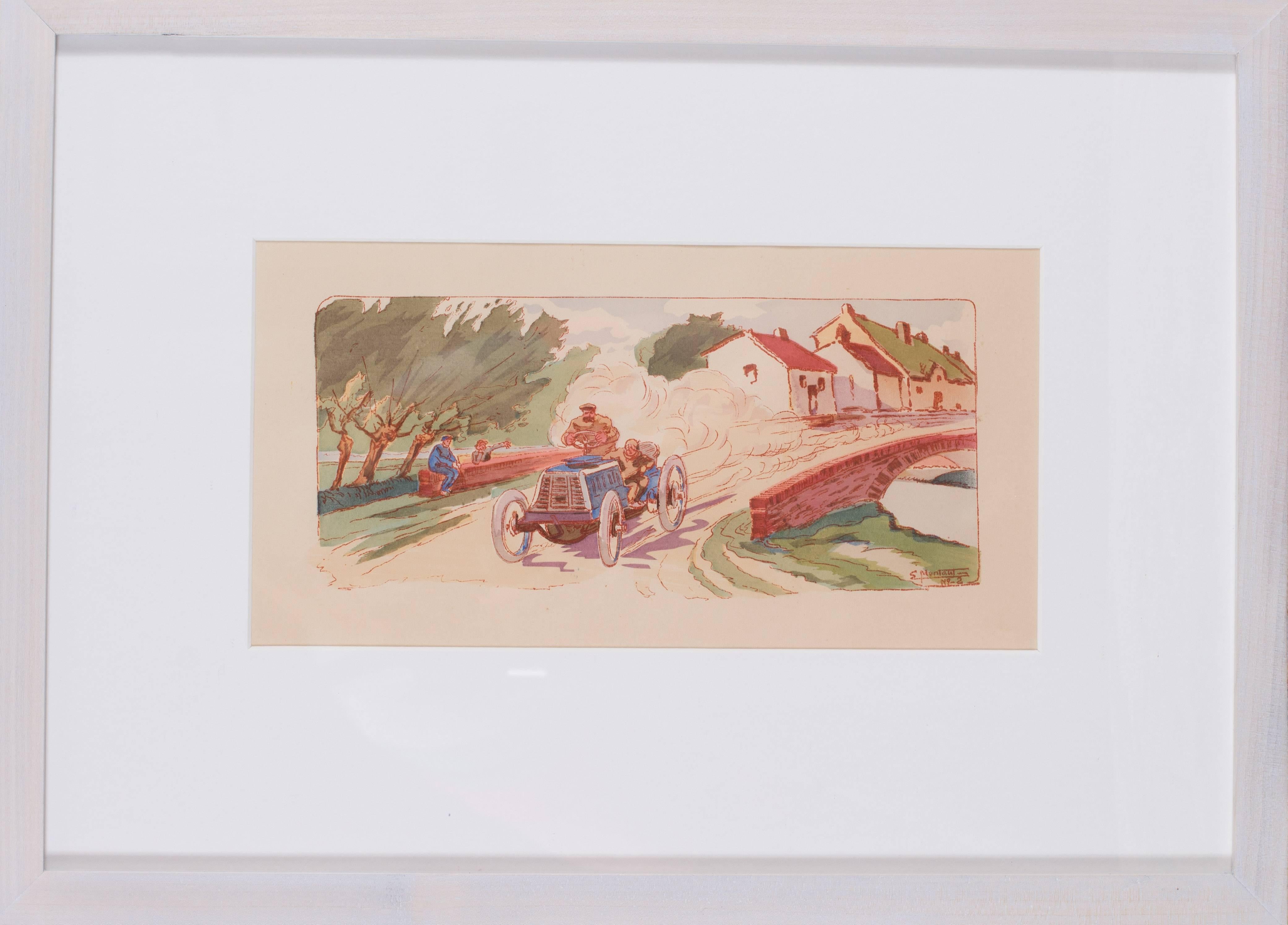 Ernest Montaut Figurative Print - A rare and original turn of the 20th Century lithograph of classic racing cars