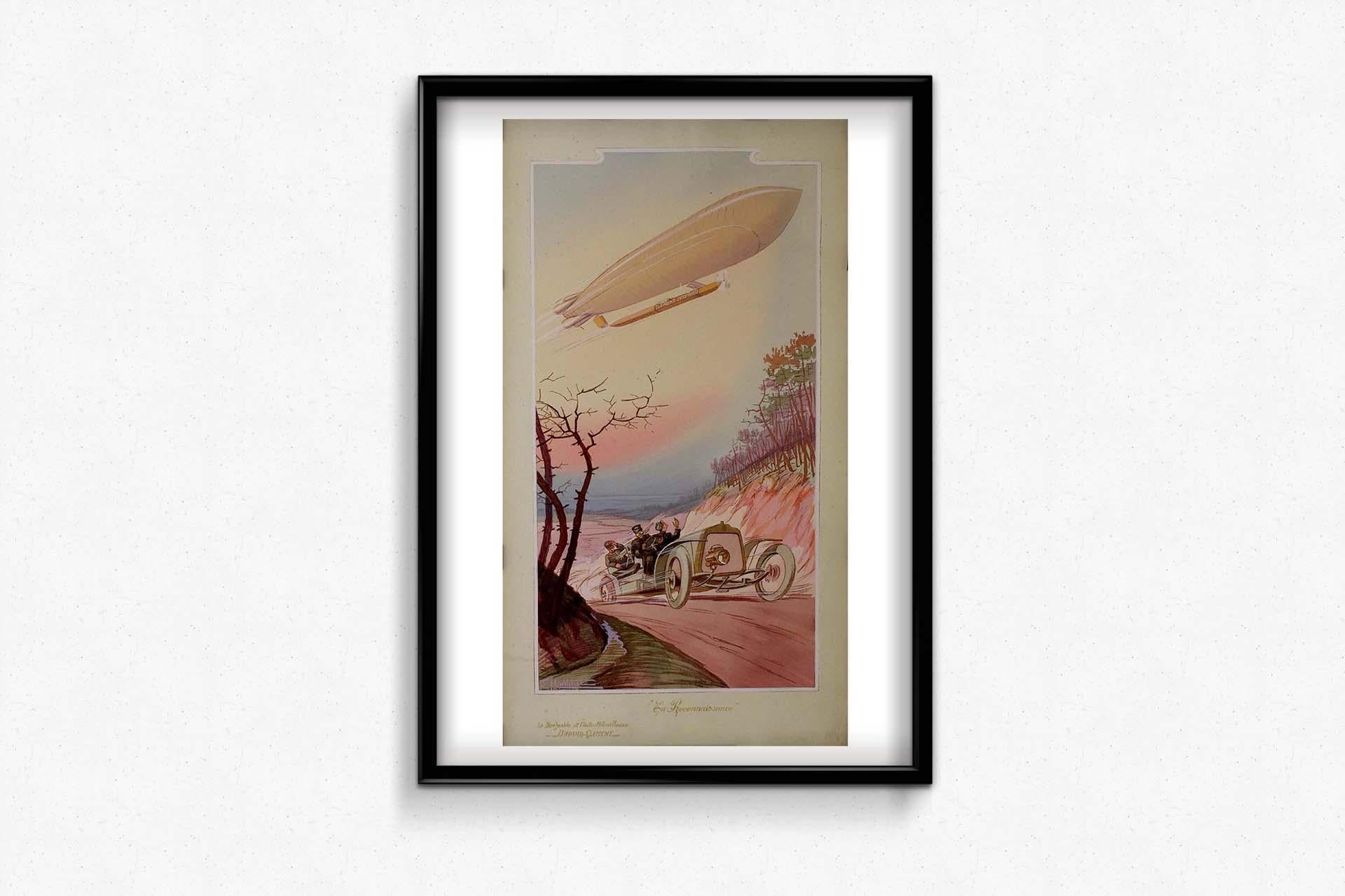 Circa 1910 original poster by Ernest Montaut Le dirigeable et l'automitrailleuse For Sale 1
