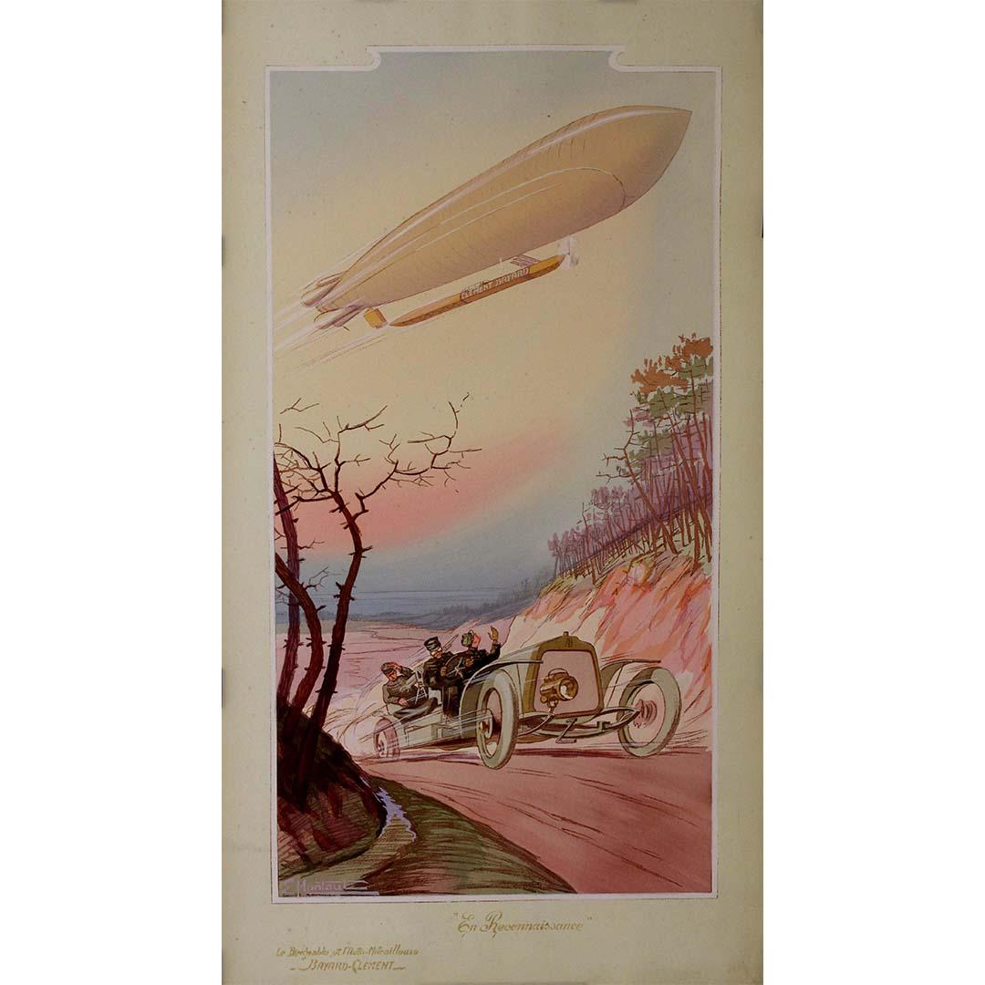 The circa 1910 original poster by Ernest Montaut titled En reconnaissance le dirigeable et l'automitrailleuse is a remarkable example of early 20th-century advertising art, showcasing the exciting advancements in aviation and automotive technology