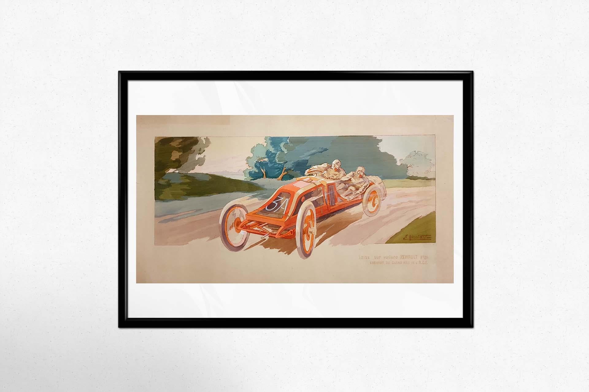 Circa 1910 Cartel original de Ernest Montaut - Szisz sur voiture Renault en venta 1
