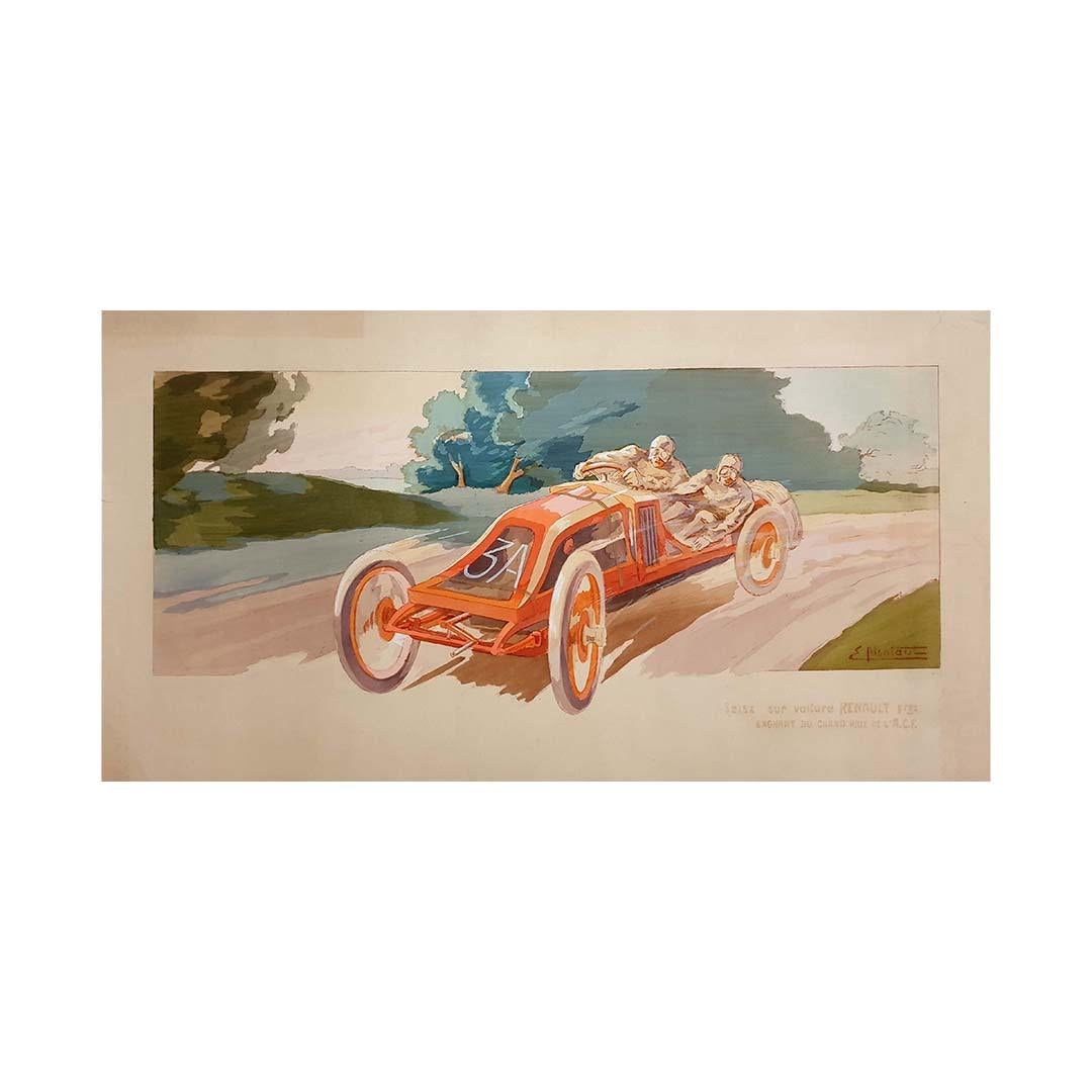 Circa 1910 Cartel original de Ernest Montaut - Szisz sur voiture Renault en venta 3