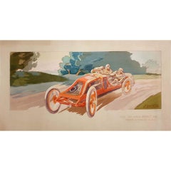 Antique Circa 1910 Original poster by Ernest Montaut - Szisz sur voiture Renault