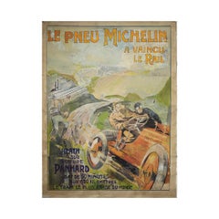 Original 1905 poster by Ernest Montaut - Le pneu Michelin a vaincu le rail