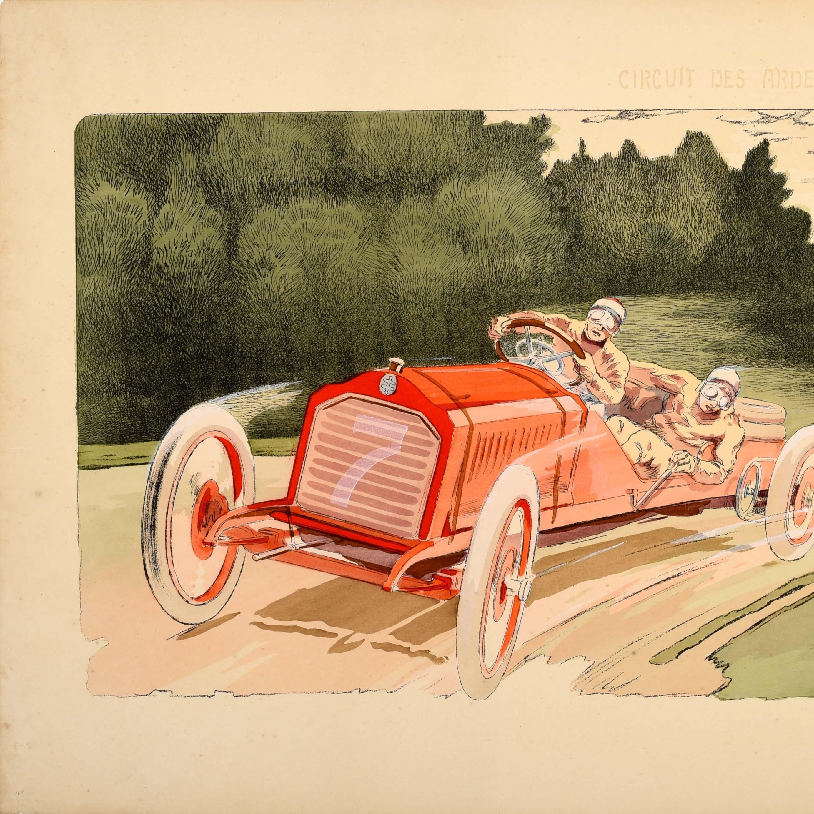 Affiche Motorsport originale du Circuit des Ardennes Belge 1906 Arthur Duray - Beige Print par Ernest Montaut