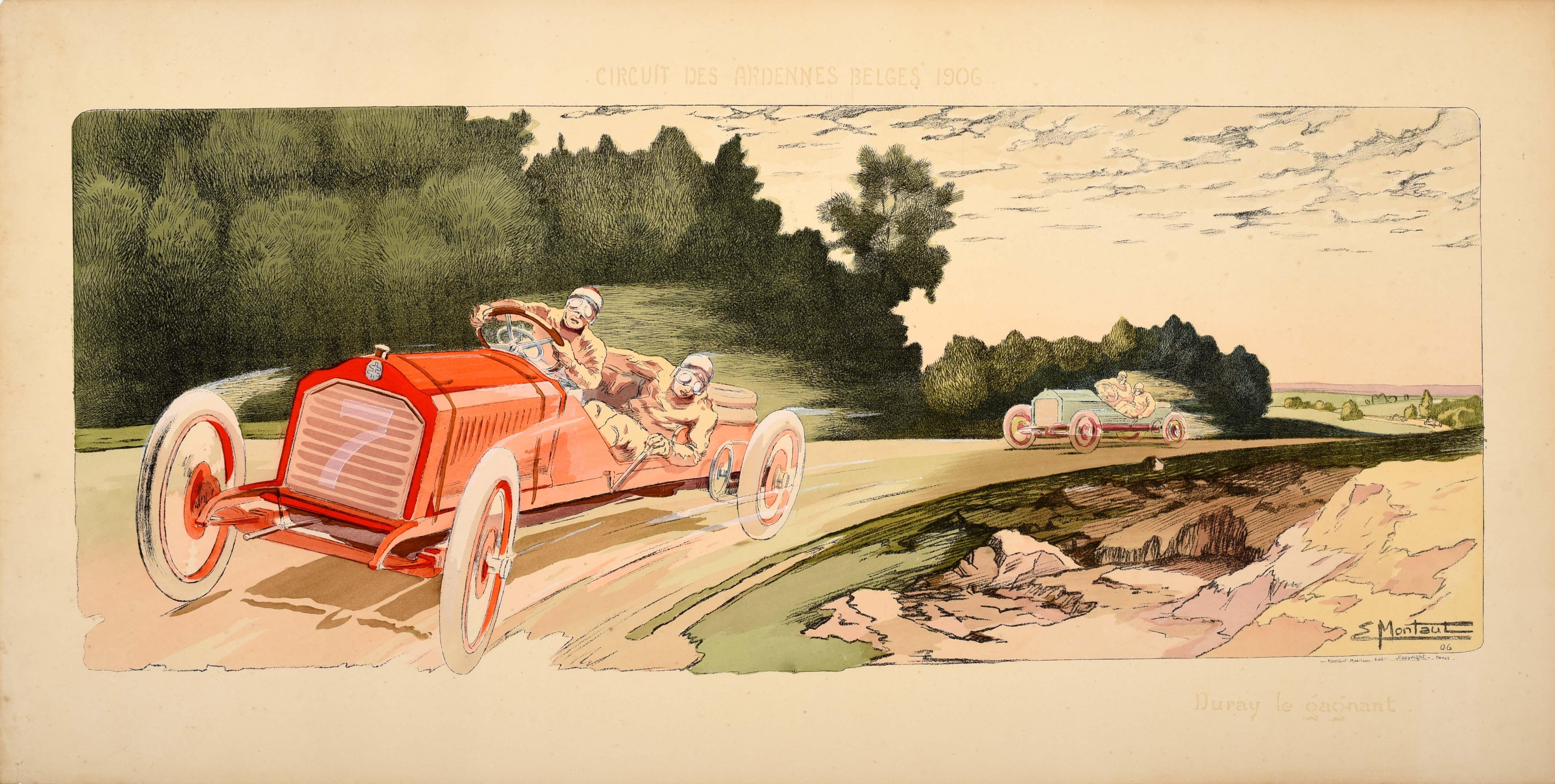 Print Ernest Montaut - Affiche Motorsport originale du Circuit des Ardennes Belge 1906 Arthur Duray
