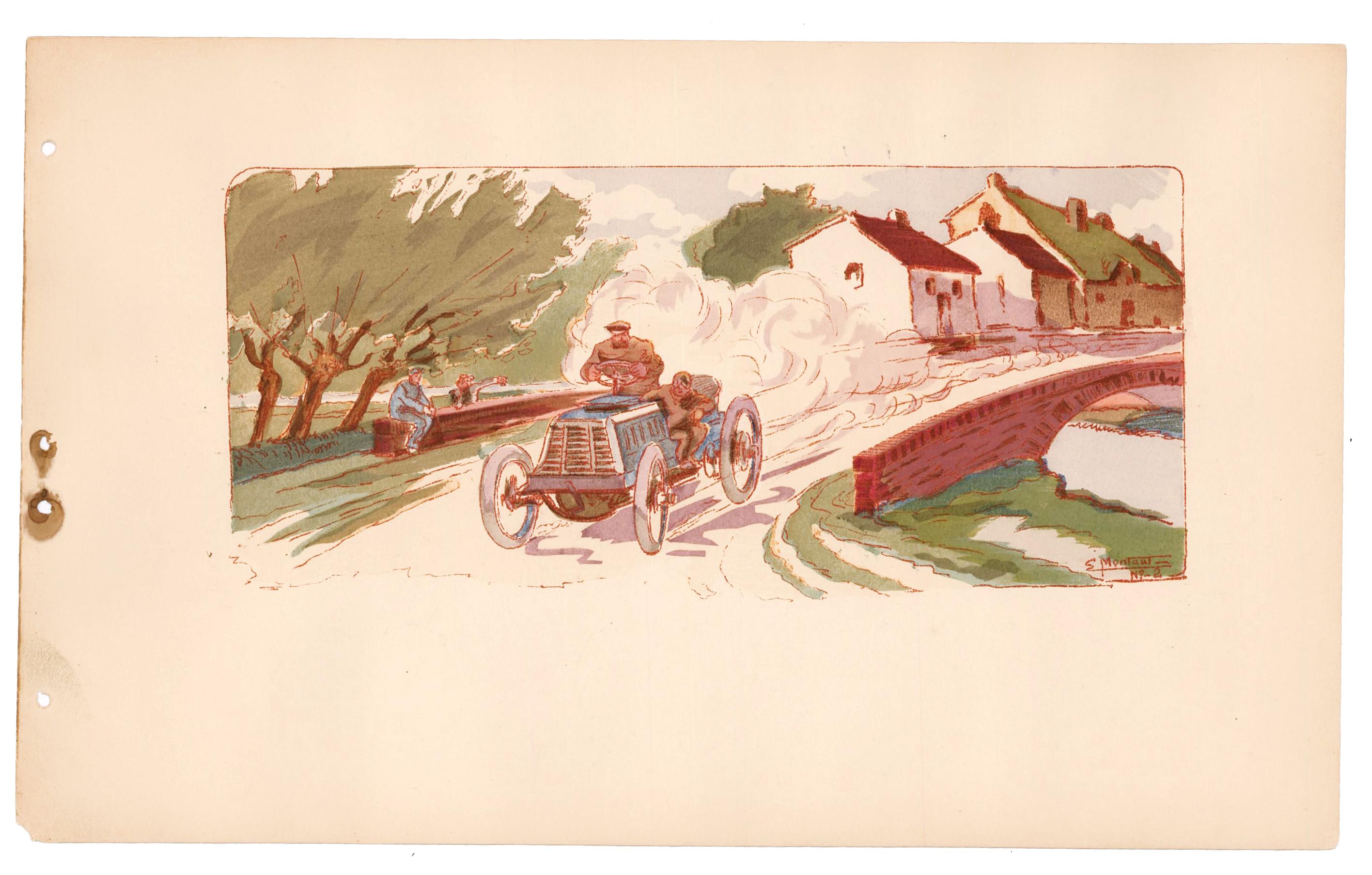 Lithographie originale en couleurs avec coloration à la main et coloration supplémentaire par procédé pochoir. Représentation d'une course de 1895 par le célèbre artiste automobile Ernest Montaut. Publié dans 