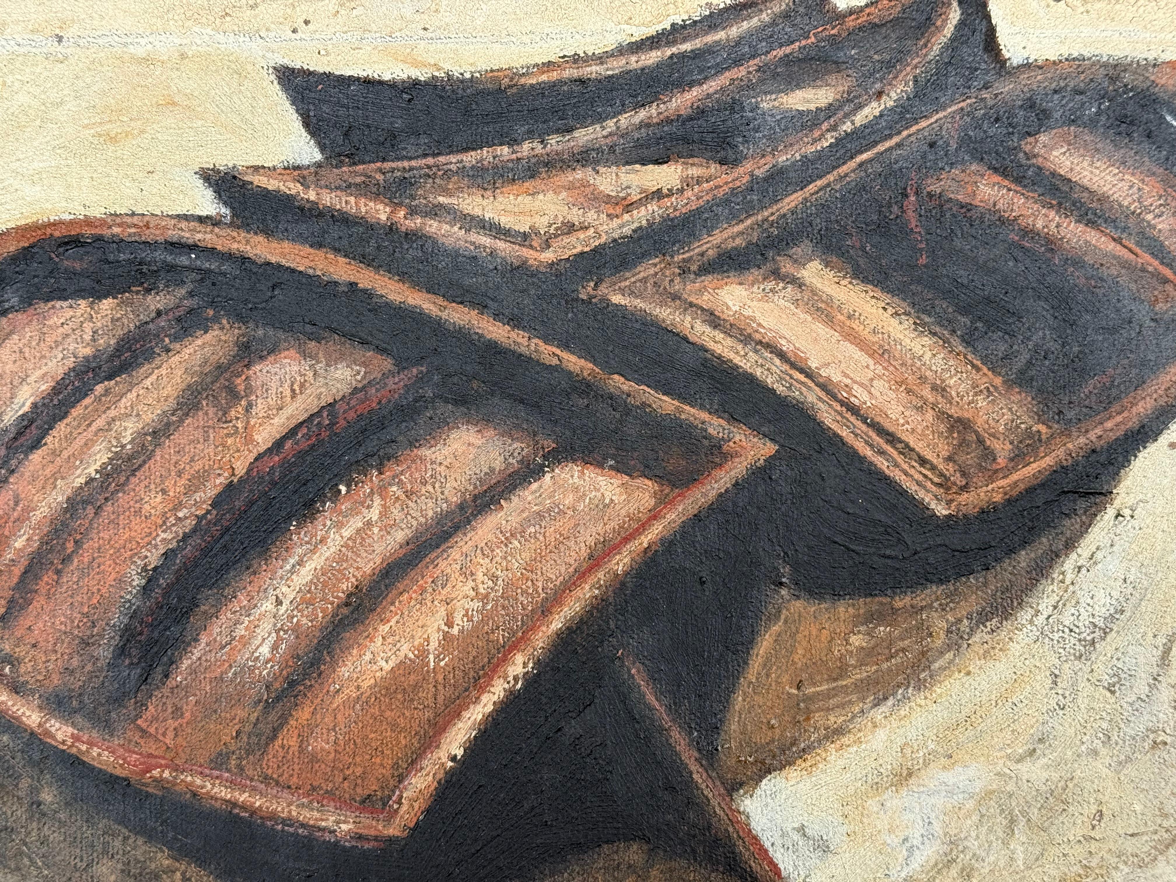 Here for your consideration is a finely painted modernist landscape of three rowboats by the German/American artist, Ernest O. Mondorf.  Signed with initials lower right and dated 1962. Condition is very good. Titled verso along with Far Gallery