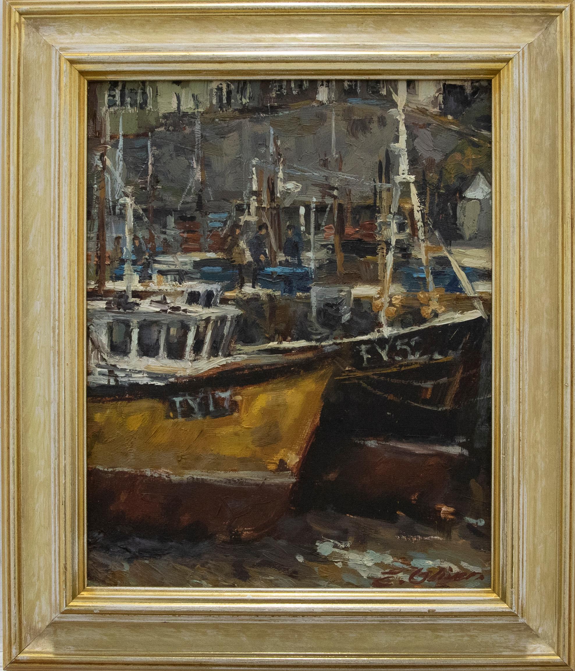 A wonderful impressionistic study of a Cornish harbour by the well listed artist Ernest Oliver. The scene depicts a focused view of two large fishing boats beached in a harbour at low tide. The body of the boats look impressive from this angle,