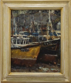 Vintage Ernest Oliver - Framed 20th Century Oil, Cornish Fishing Boats