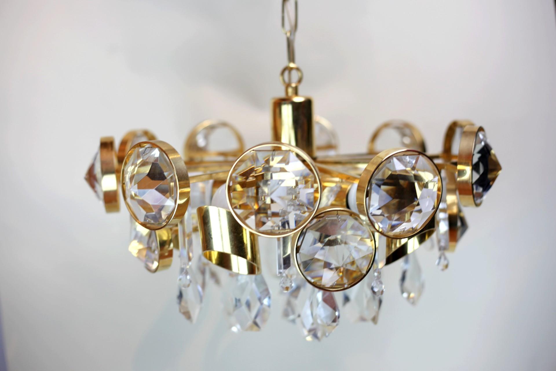 Hollywood Regency Ernest Palme 24K Gilded Crystal and Brass Chandelier For Sale