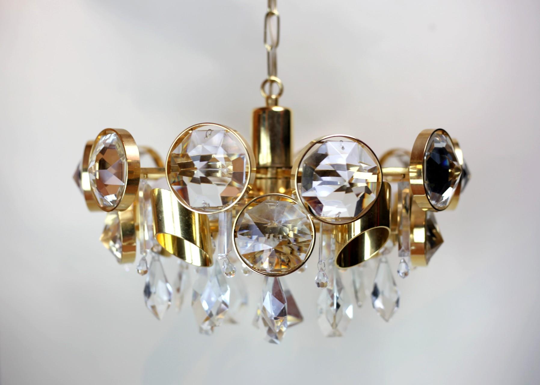 Autrichien Ernest Palme lustre en cristal doré et laiton 24 carats en vente