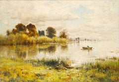 Ernest Parton (1845-1938) - Huile encadrée de 1888, Rowing on Placid Waters (Aviron sur des eaux paisibles)