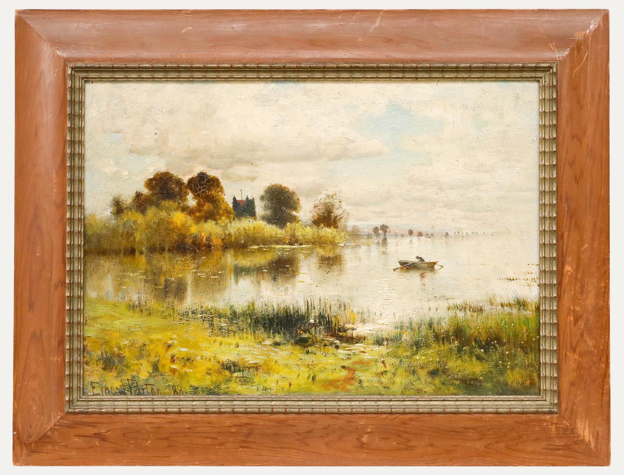 A small rowing boat rests on the glassy surface of a lake in this tranquil, impressionistic scene by the American painter Ernest Parton. Signed and dated to the lower left. Presented in a wooden frame. On canvas on stretchers. 