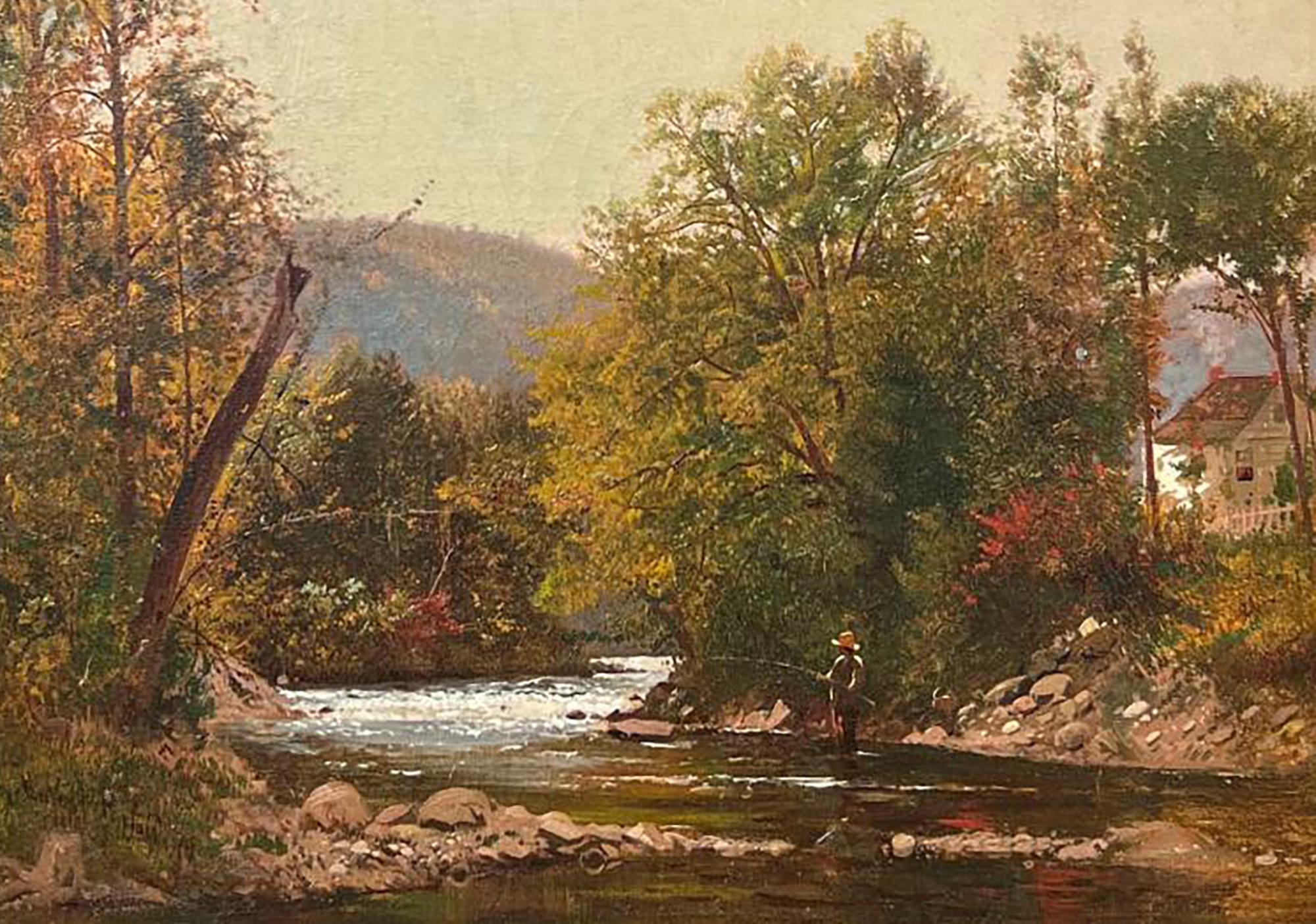 Trout Fishing, 1871 by Hudson River School artist Ernest Parton (1845-1933) For Sale 1
