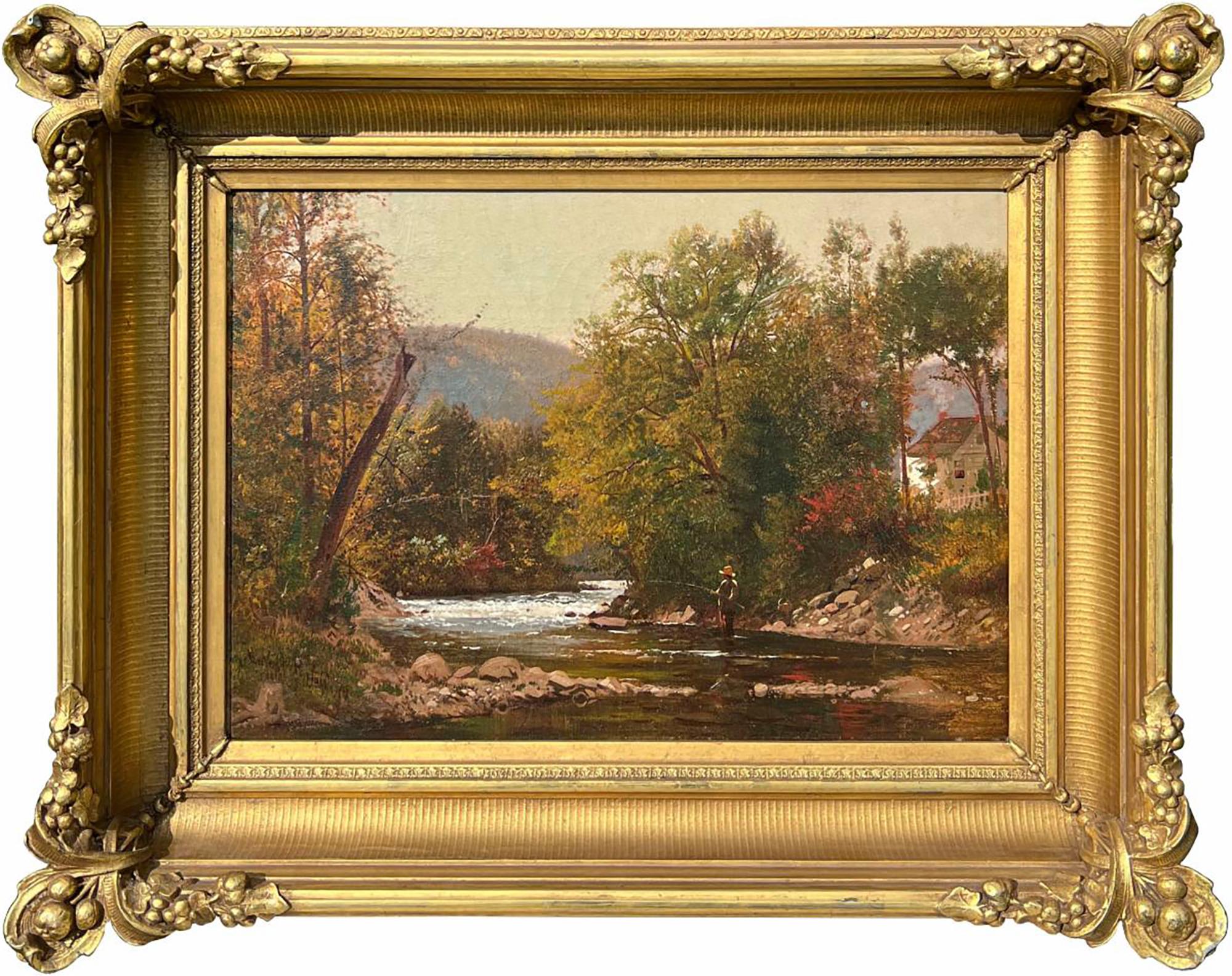 Hudson River School artist Ernest Parton's (1845-1933) "Trout Fishing," is oil on canvas, measures 11.25 x 15.75 inches, and is signed and dated 1871 at the lower left. The work is framed in a period appropriate frame and ready to hang.