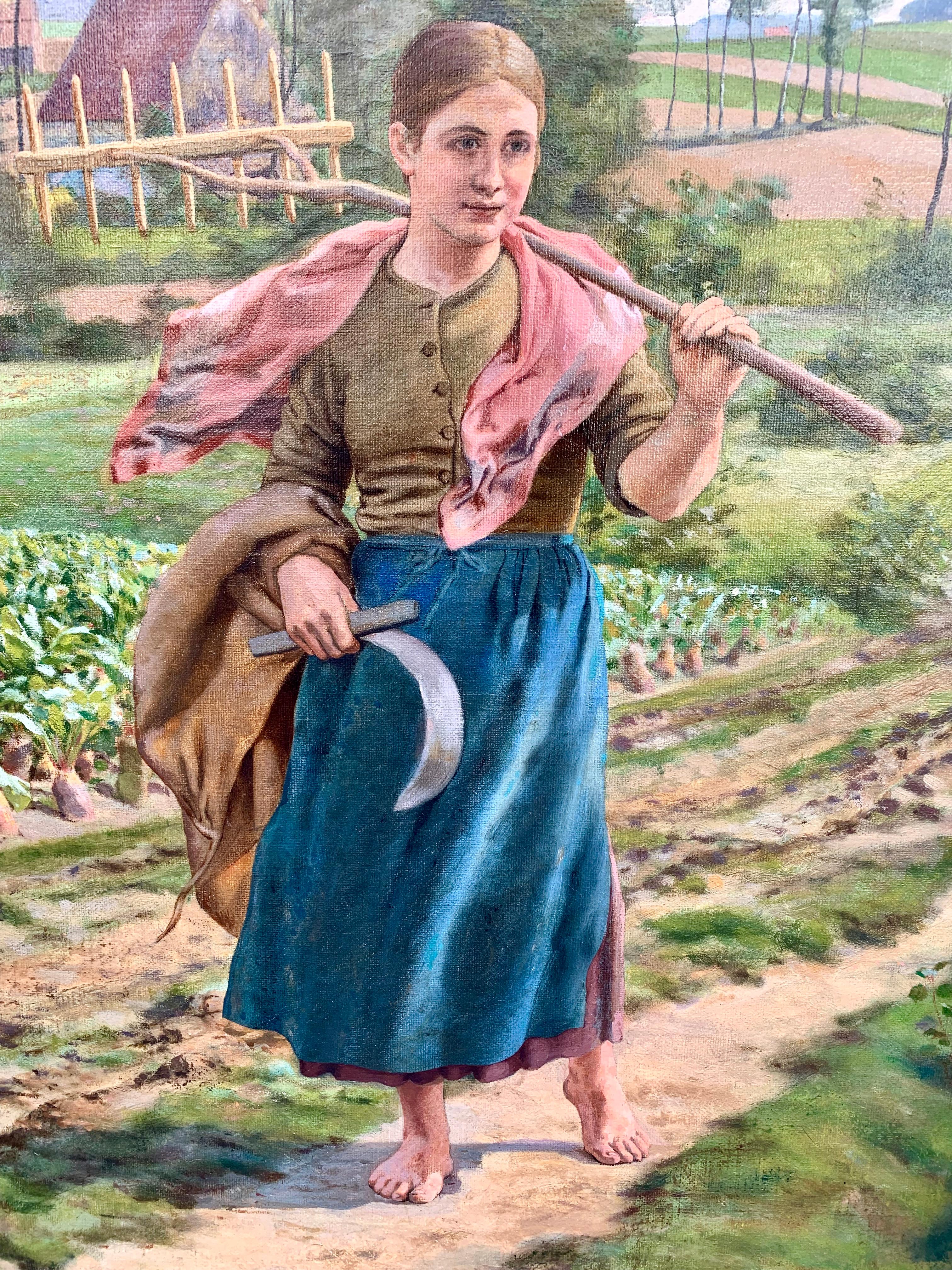 The Gleaner,  oil on canvas signed Ernest Paulus.
Belgian School circa 1900.

Ernest Paulus. Brussels 1859 -1913.
Painter of landscapes, portraits, historical and religious subjects. He exhibited in Brussels and Paris. In 1897, he won a gold medal