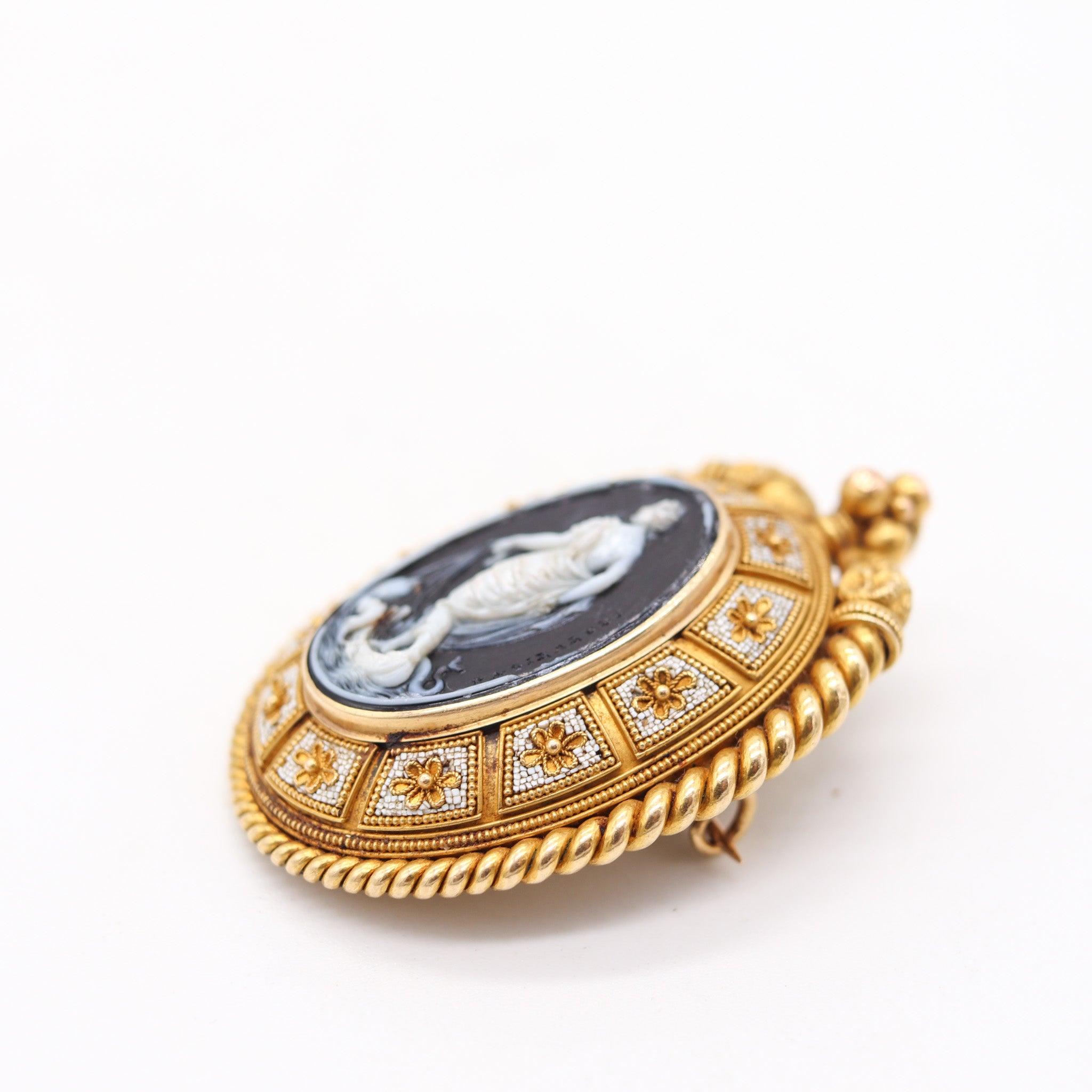 ERNEST PIERRET 1880 Spilla con ciondolo a micro mosaico etrusco in oro 18Kt e sardonica in vendita 5