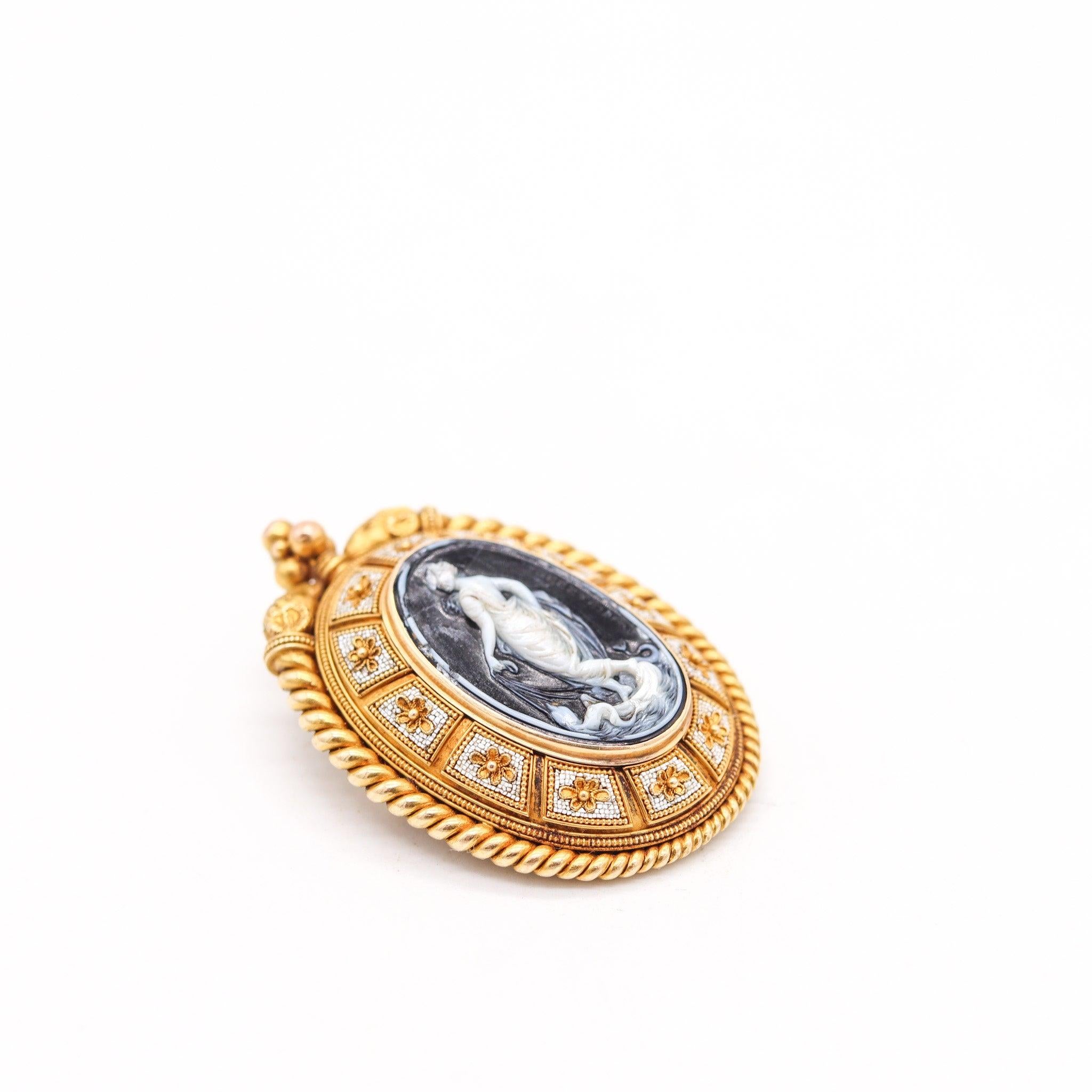 Neoetrusco ERNEST PIERRET 1880 Spilla con ciondolo a micro mosaico etrusco in oro 18Kt e sardonica in vendita