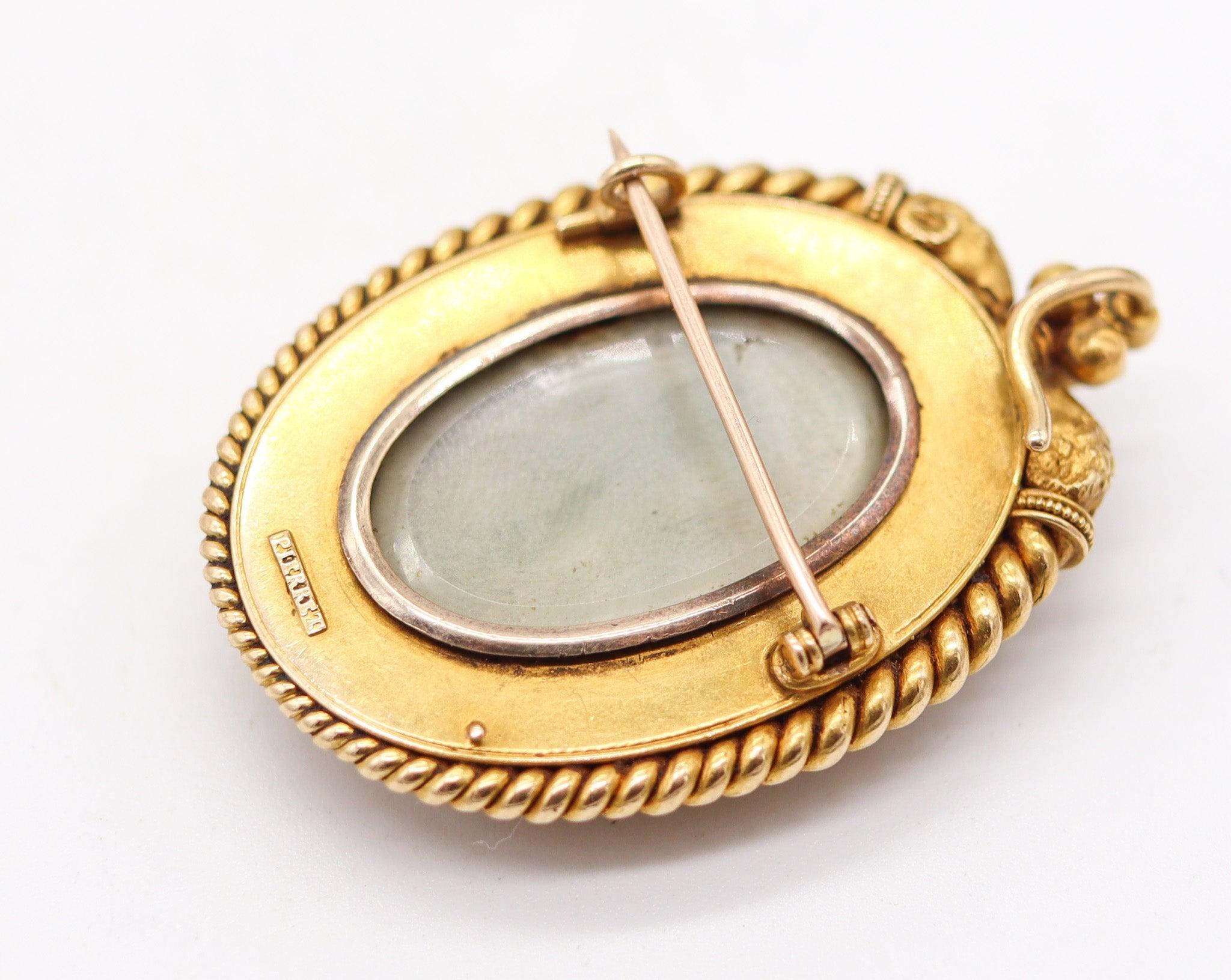 ERNEST PIERRET 1880 Spilla con ciondolo a micro mosaico etrusco in oro 18Kt e sardonica in vendita 1