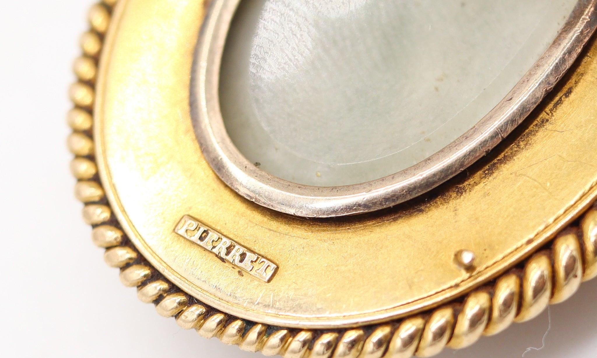 ERNEST PIERRET 1880 Spilla con ciondolo a micro mosaico etrusco in oro 18Kt e sardonica in vendita 2