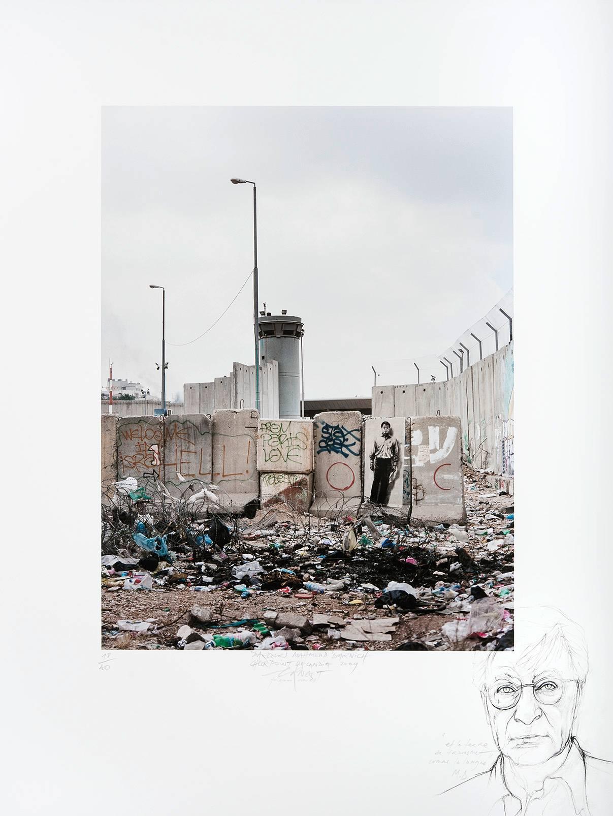 Ernest Pignon-Ernest Figurative Print - Parcours Mahmoud Darwich Checkpoint Qalandia - 2009