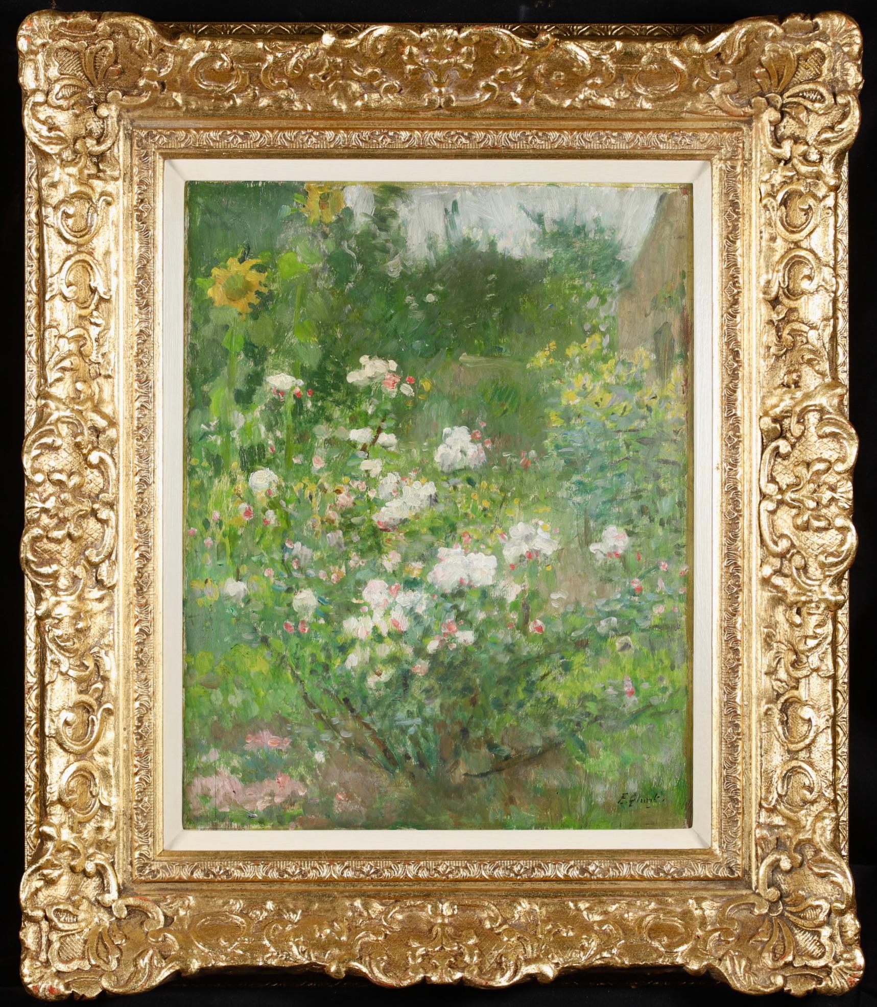 Signed oil on panel landscape by French impressionist painter Ernest Quost. The work depicts a beautiful green summer garden scene with rose bush covered in pale pink blooms in the front of the painting and sunflowers beyond.

Dimensions:
Framed:
